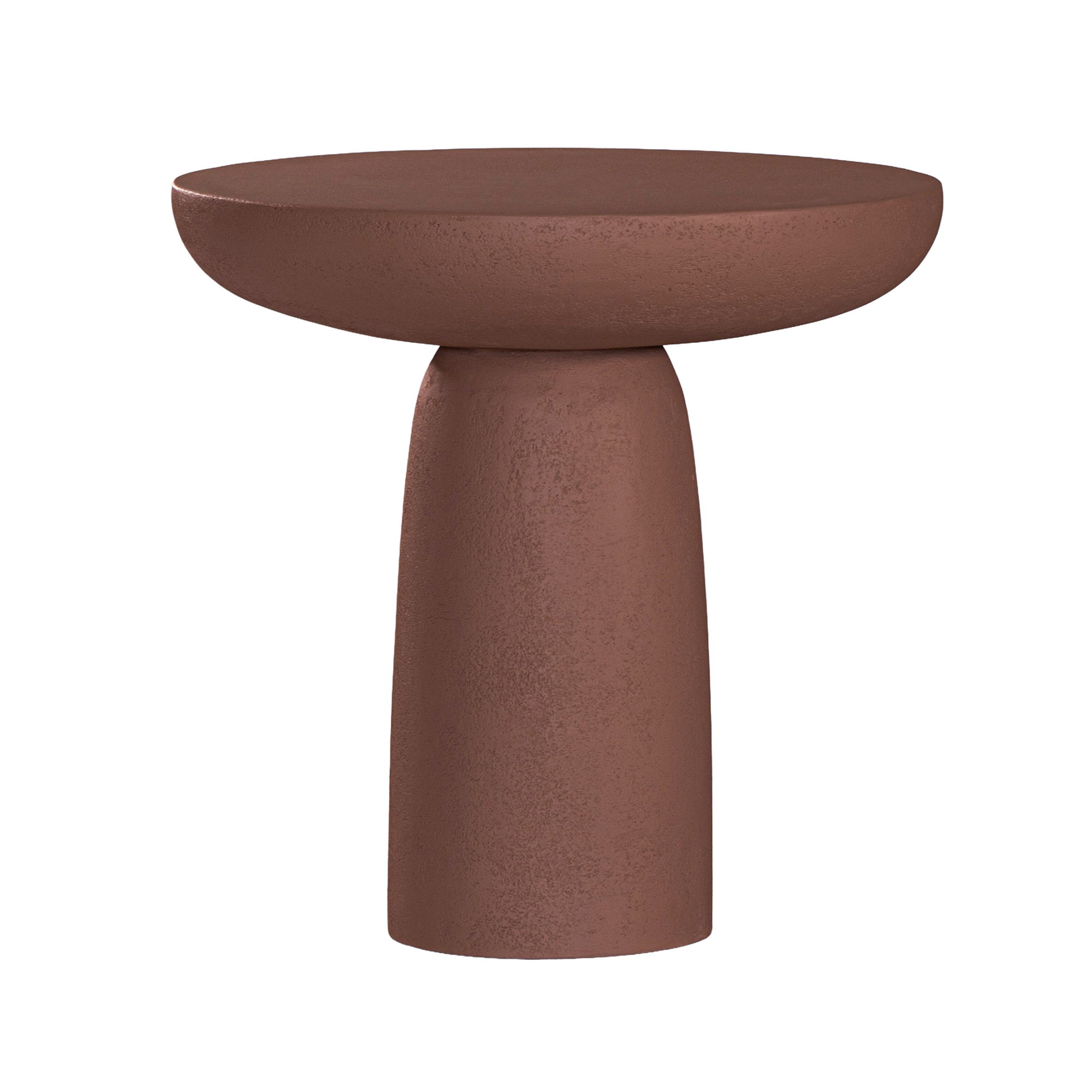 Tarran side table in cinnabar clay finish with rounded top and sculptural cylindrical leg.