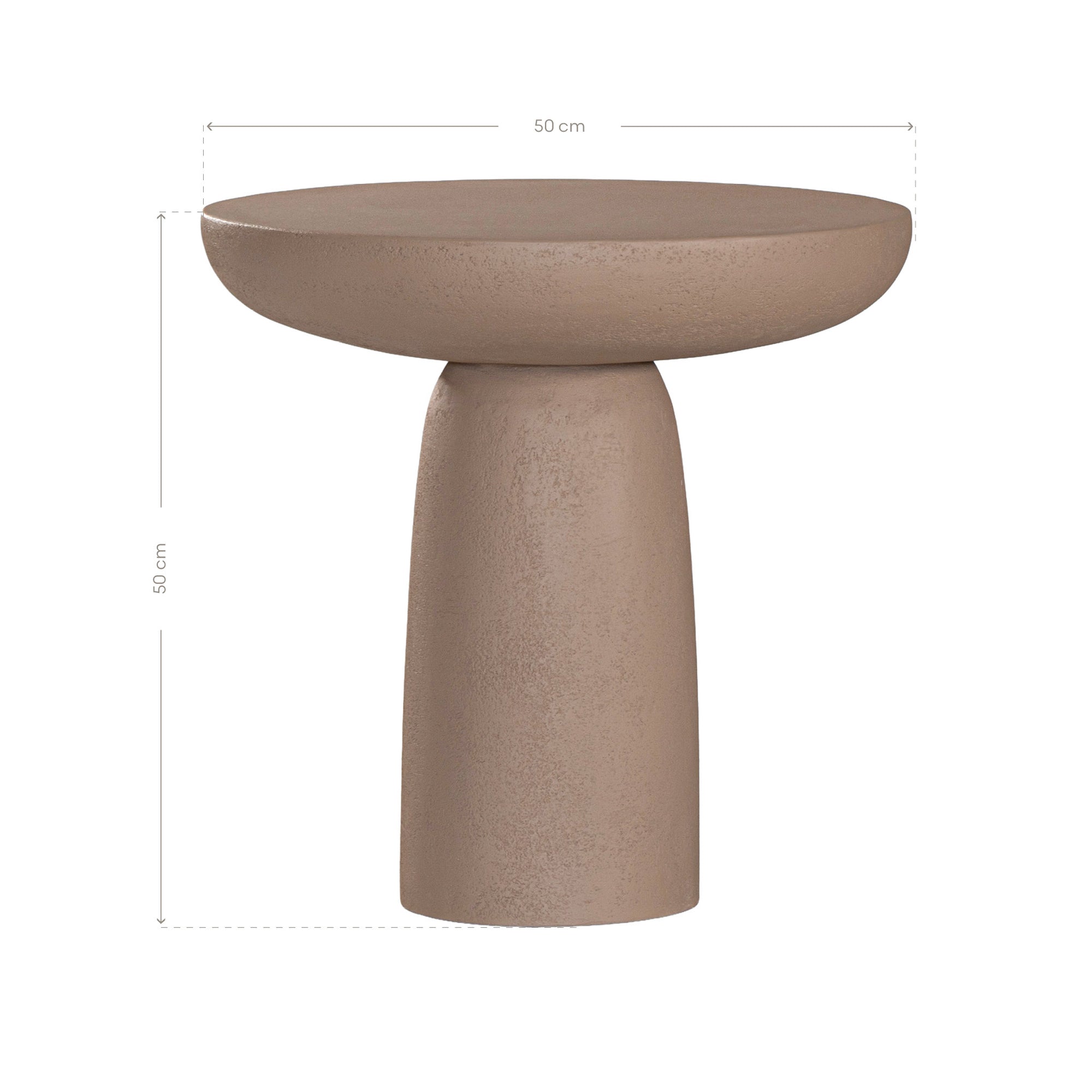 Tarran side table in nomad dune with sculptural pedestal base and rounded top shown in a clean minimal setting.