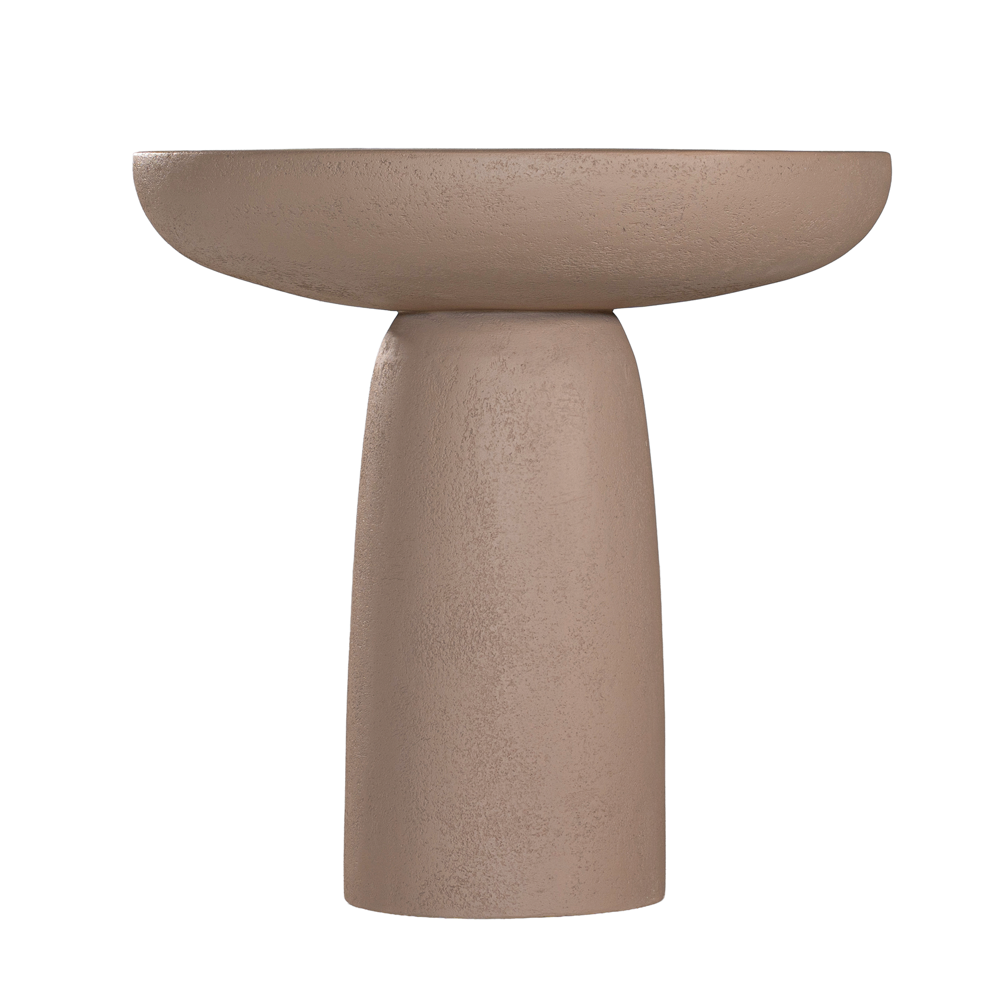 Tarran side table in nomad dune with sculptural pedestal base and rounded top shown in a clean minimal setting.