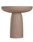Tarran side table in nomad dune with sculptural pedestal base and rounded top shown in a clean minimal setting.