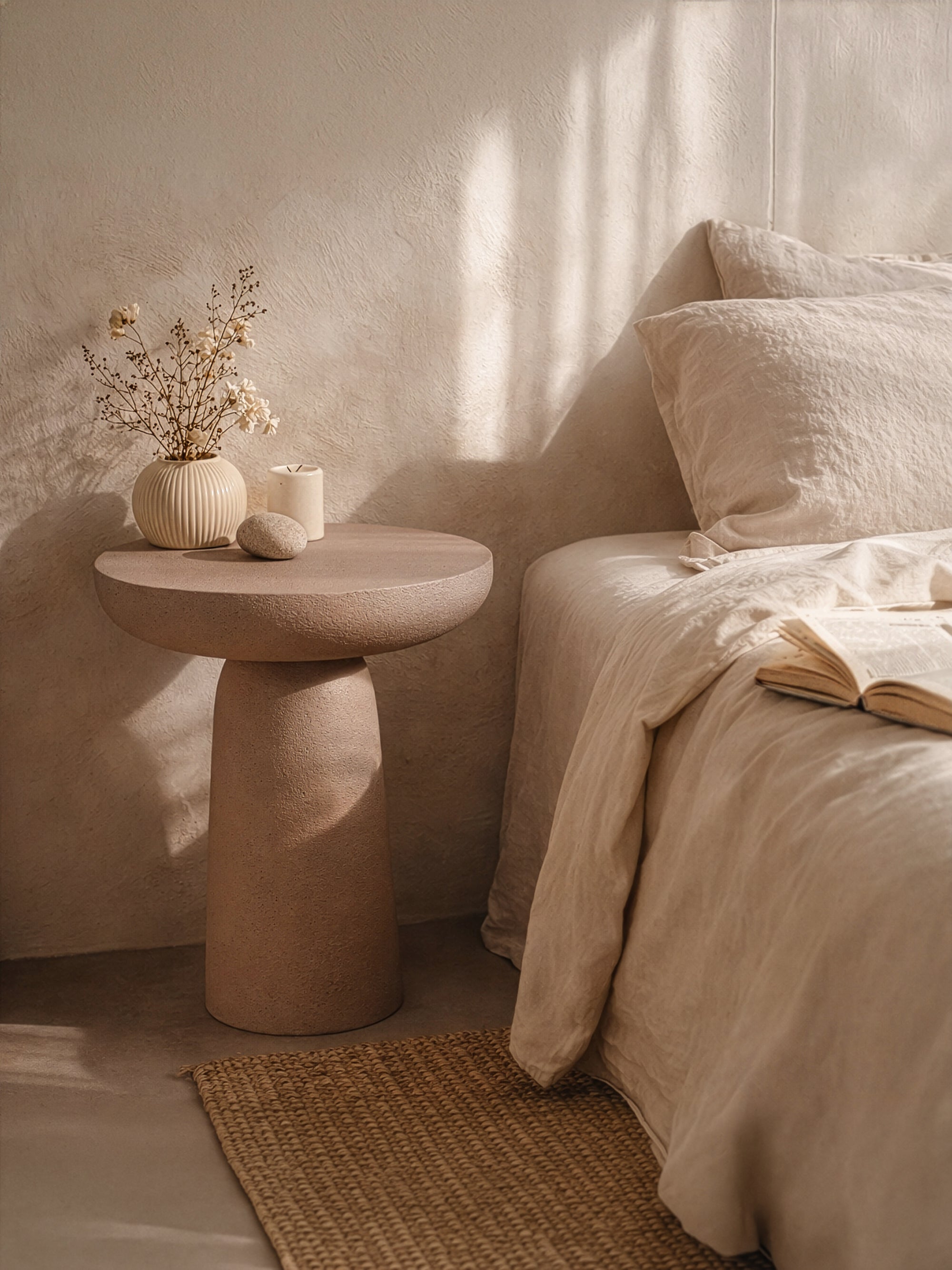 Tarran side table in nomad dune with sculptural pedestal form styled beside a bed in a soft sunlit bedroom setting.
