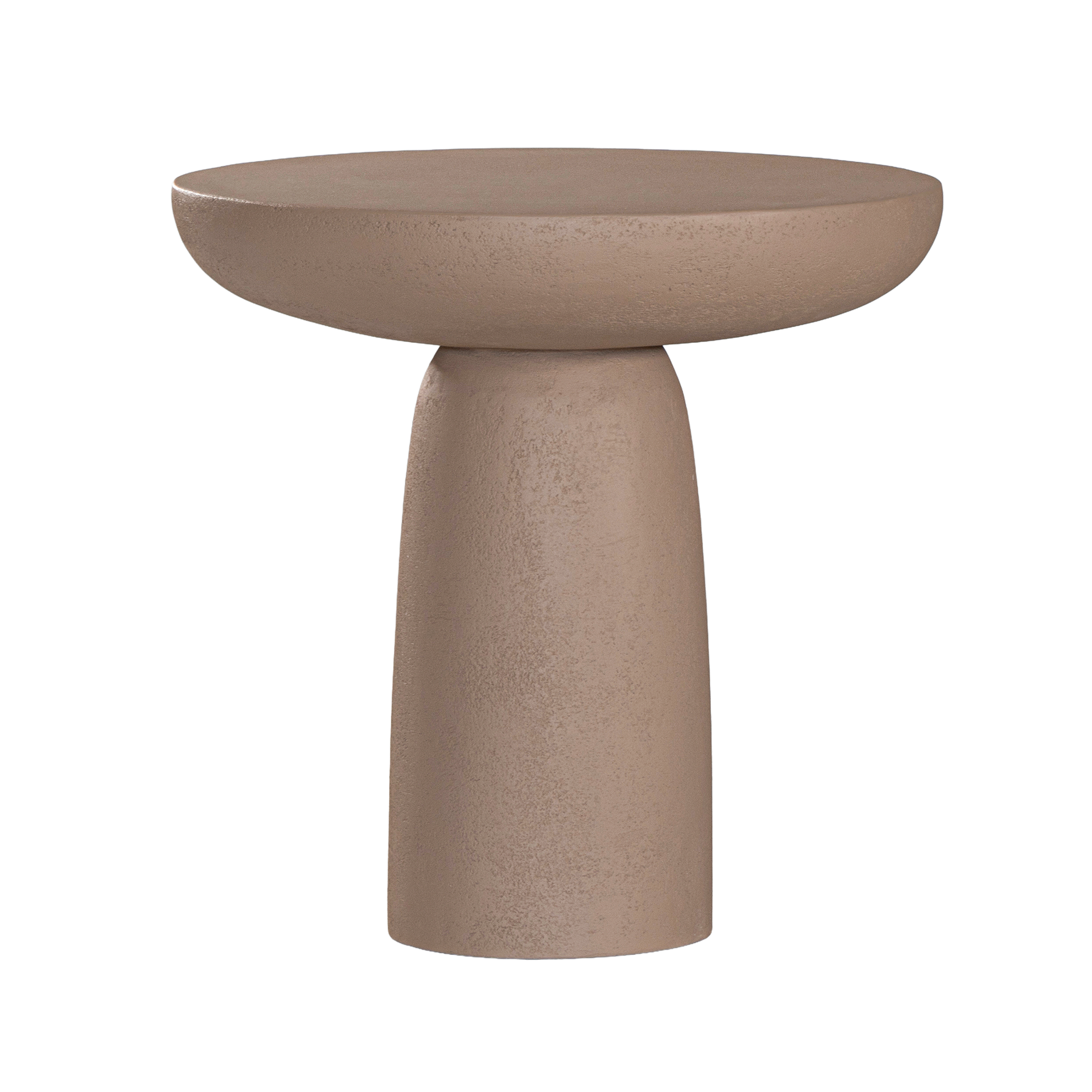Tarran side table in nomad dune with sculptural pedestal base and rounded top shown in a clean minimal setting.