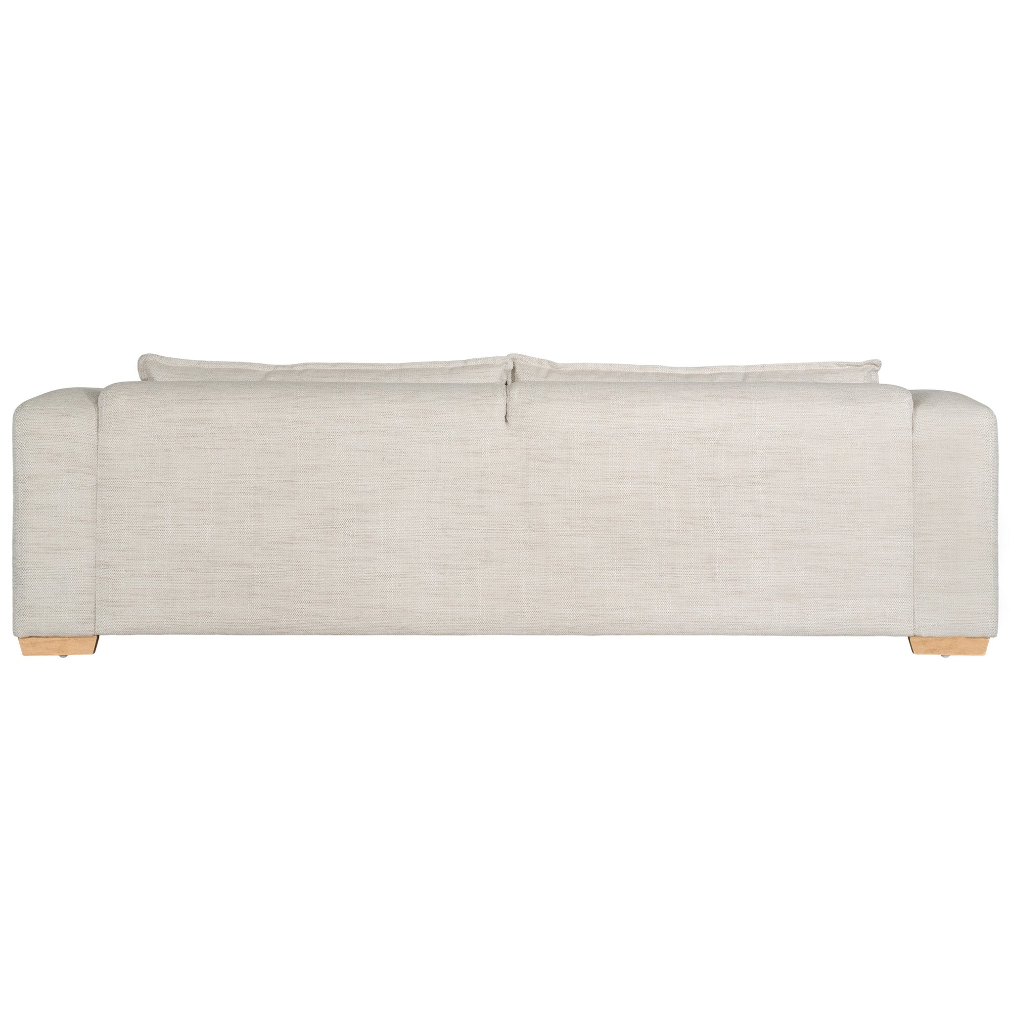 Modern double cloud cushioned sofa in neutral beige with plush pillows and solid wood legs, perfect for contemporary living spaces