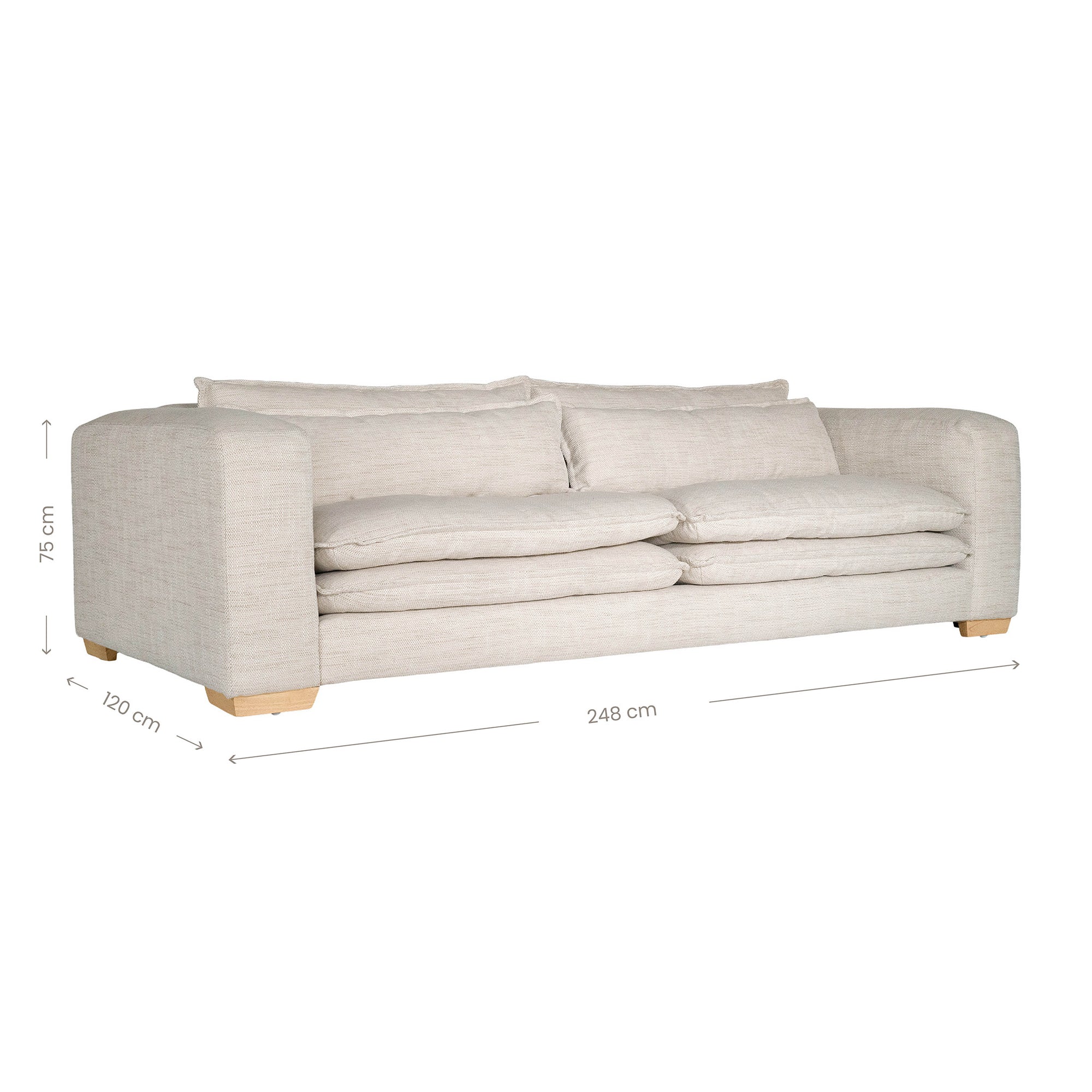 Modern double cloud cushioned sofa in neutral beige with plush pillows and solid wood legs, perfect for contemporary living spaces