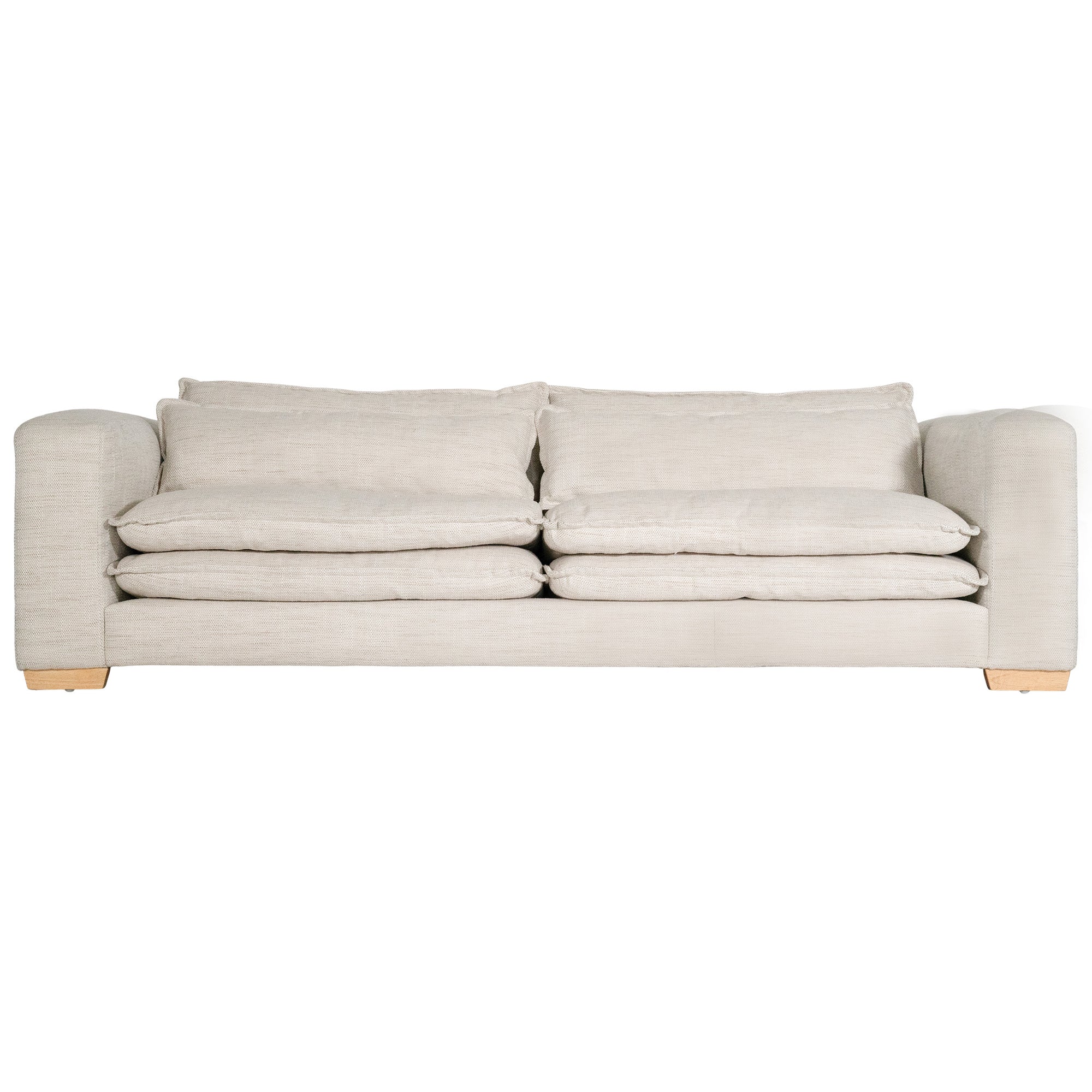 Modern double cloud cushioned sofa in neutral beige with plush pillows and solid wood legs, perfect for contemporary living spaces