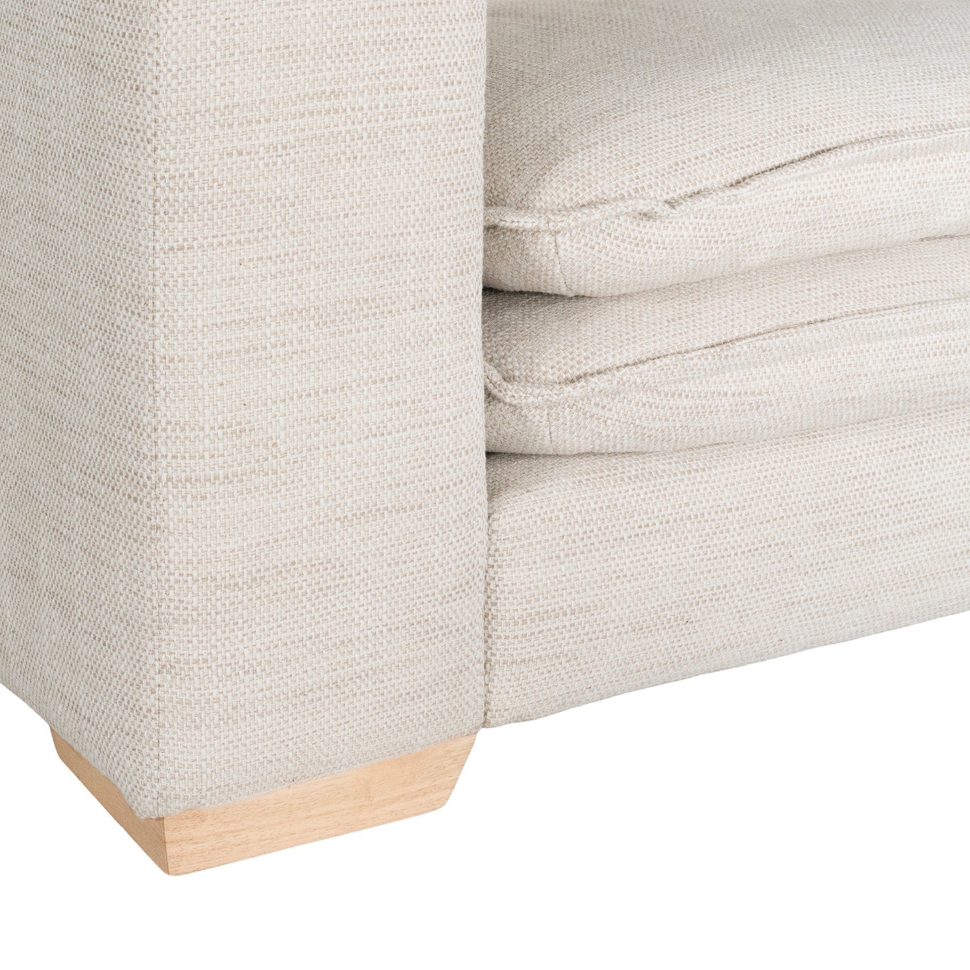 Modern double cloud cushioned sofa in neutral beige with plush pillows and solid wood legs, perfect for contemporary living spaces