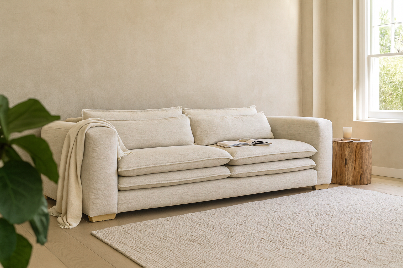 Tash Sofa upholstered in soft polyester fabric styled in a modern neutral living room with a timber side table, indoor plant, and natural light
