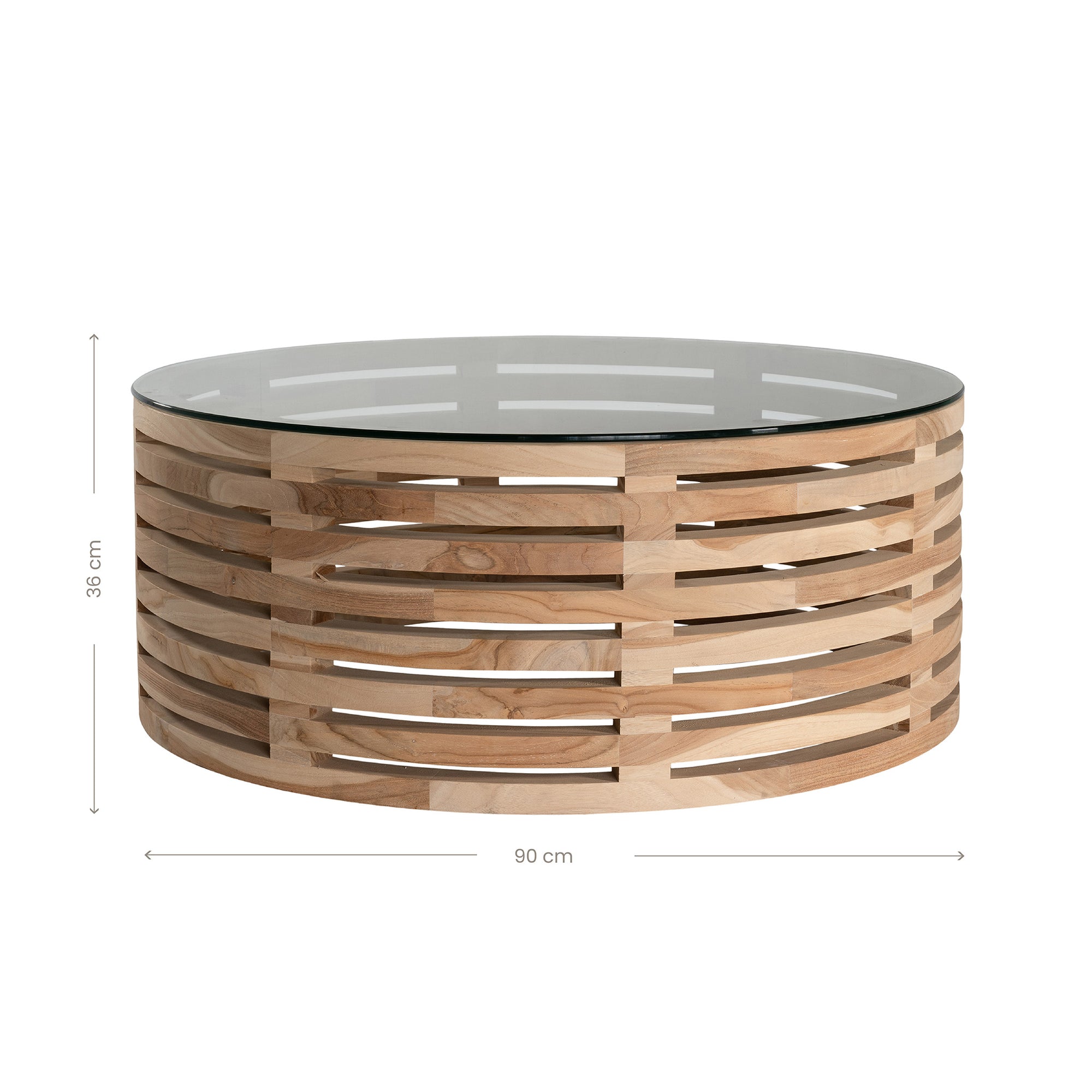 The Kulala Living Teak and Glass Coffee Table features a beautifully crafted open-weave teak base with a round glass top. This contemporary design blends natural warmth with modern elegance, making it a stylish centrepiece for any living space