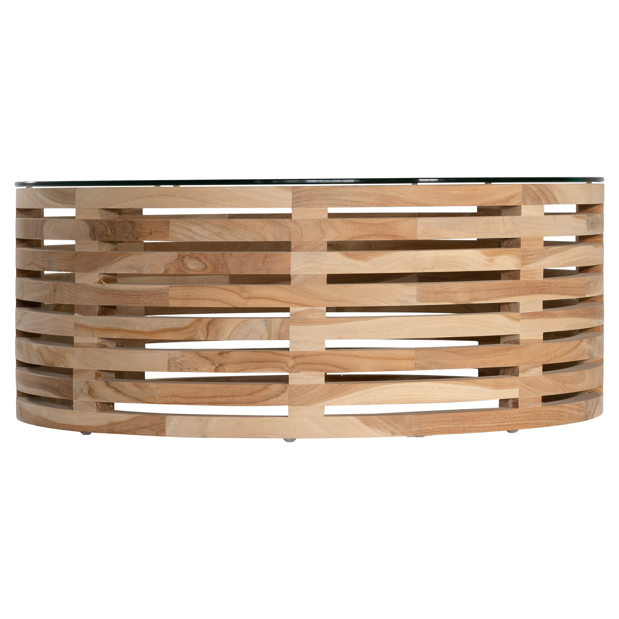 The Kulala Living Teak and Glass Coffee Table features a beautifully crafted open-weave teak base with a round glass top. This contemporary design blends natural warmth with modern elegance, making it a stylish centrepiece for any living space