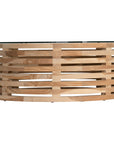 The Kulala Living Teak and Glass Coffee Table features a beautifully crafted open-weave teak base with a round glass top. This contemporary design blends natural warmth with modern elegance, making it a stylish centrepiece for any living space