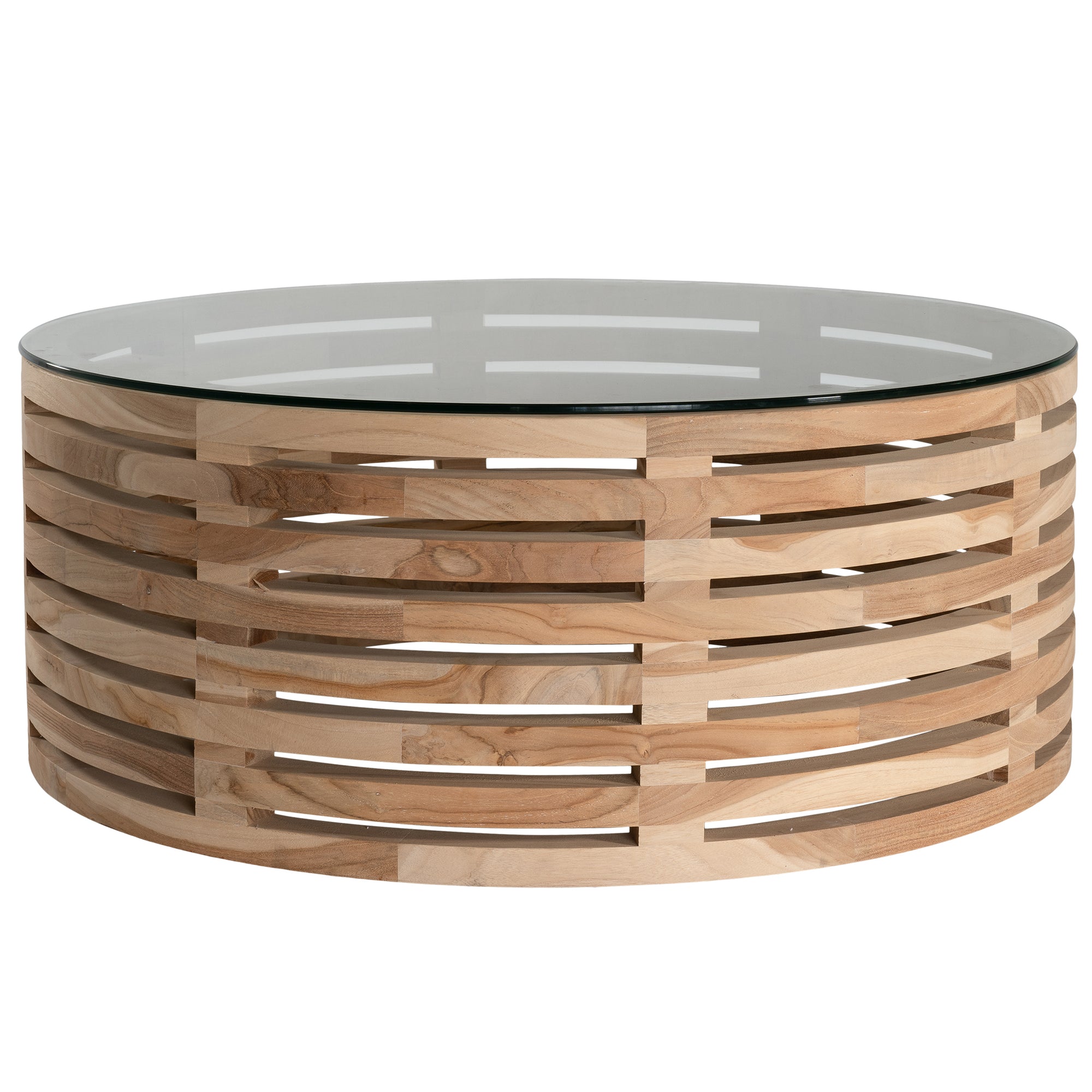 The Kulala Living Teak and Glass Coffee Table features a beautifully crafted open-weave teak base with a round glass top. This contemporary design blends natural warmth with modern elegance, making it a stylish centrepiece for any living space