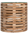 The Kulala Living Teak and Glass Coffee Table features a beautifully crafted open-weave teak base with a round glass top. This contemporary design blends natural warmth with modern elegance, making it a stylish centrepiece for any living space.