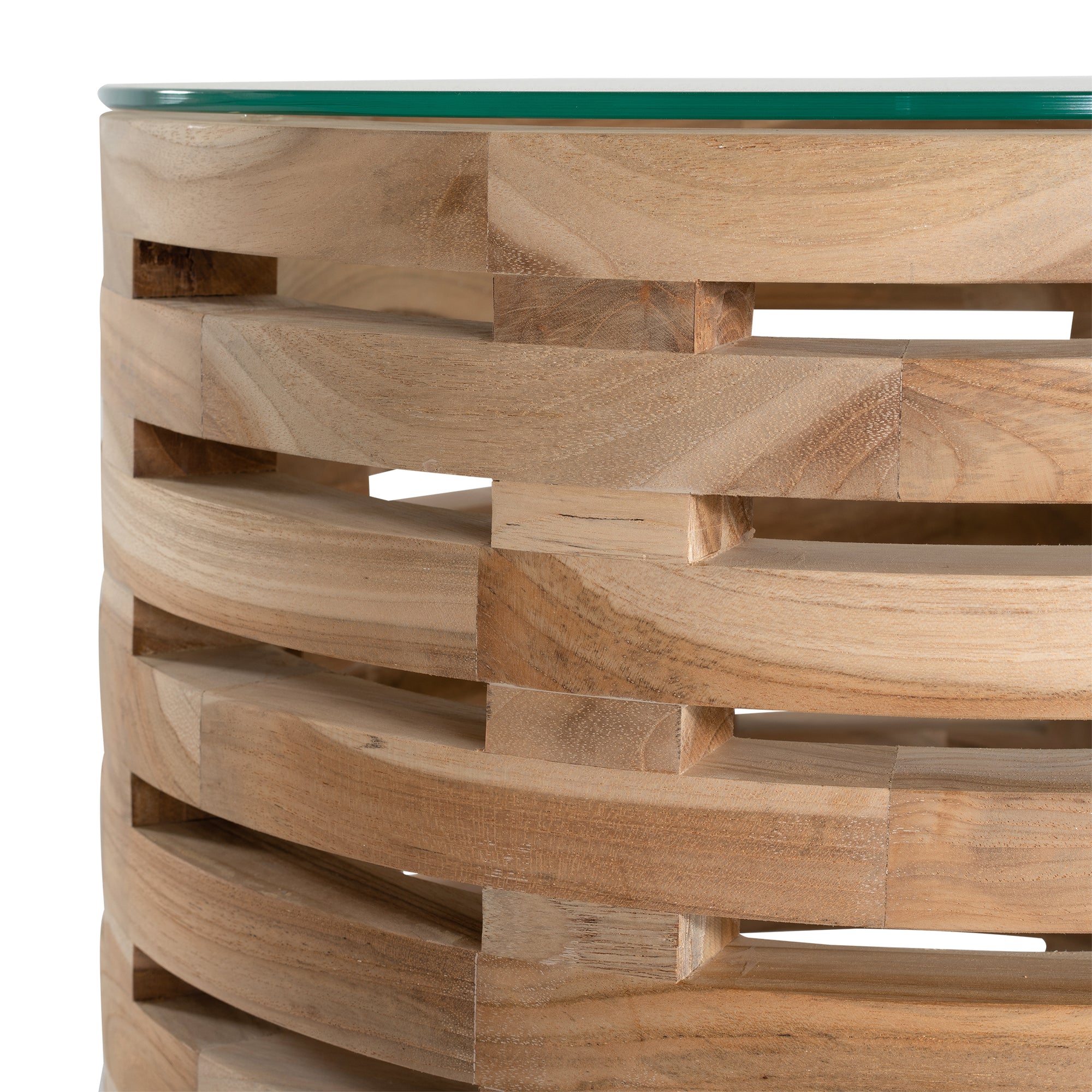 The Kulala Living Teak and Glass Coffee Table features a beautifully crafted open-weave teak base with a round glass top. This contemporary design blends natural warmth with modern elegance, making it a stylish centrepiece for any living space.