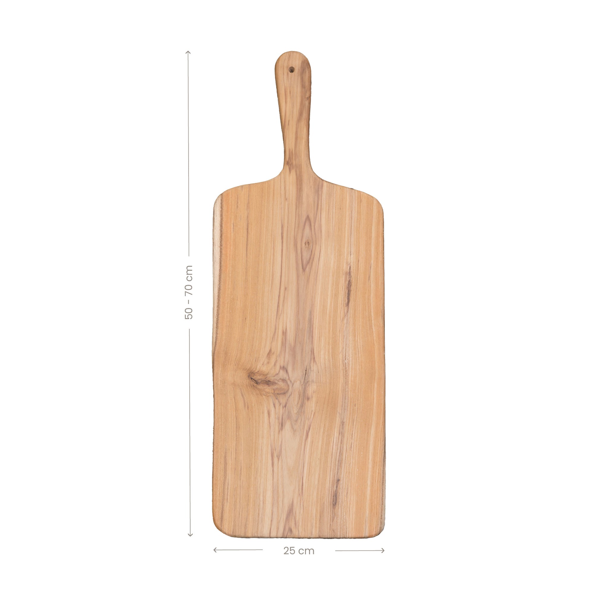Teak carved chopping board in a natural finish with elongated handle and visible timber grain, photographed on a clean white background.