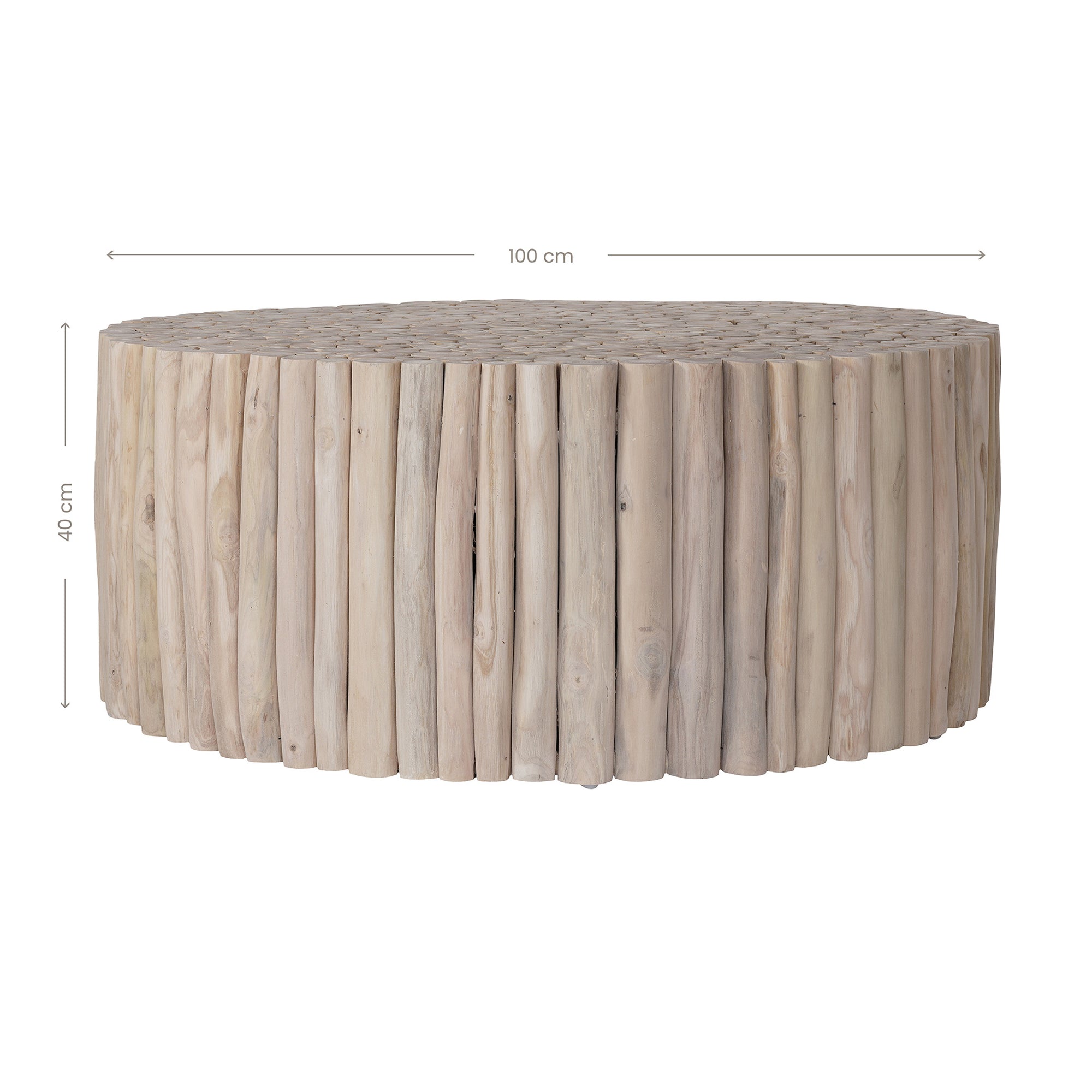 A round coffee table crafted from natural teak branches, arranged in a drum-style design. The organic texture and neutral tones make it a statement piece for coastal and contemporary interiors.
