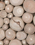A round coffee table crafted from natural teak branches, arranged in a drum-style design. The organic texture and neutral tones make it a statement piece for coastal and contemporary interiors.