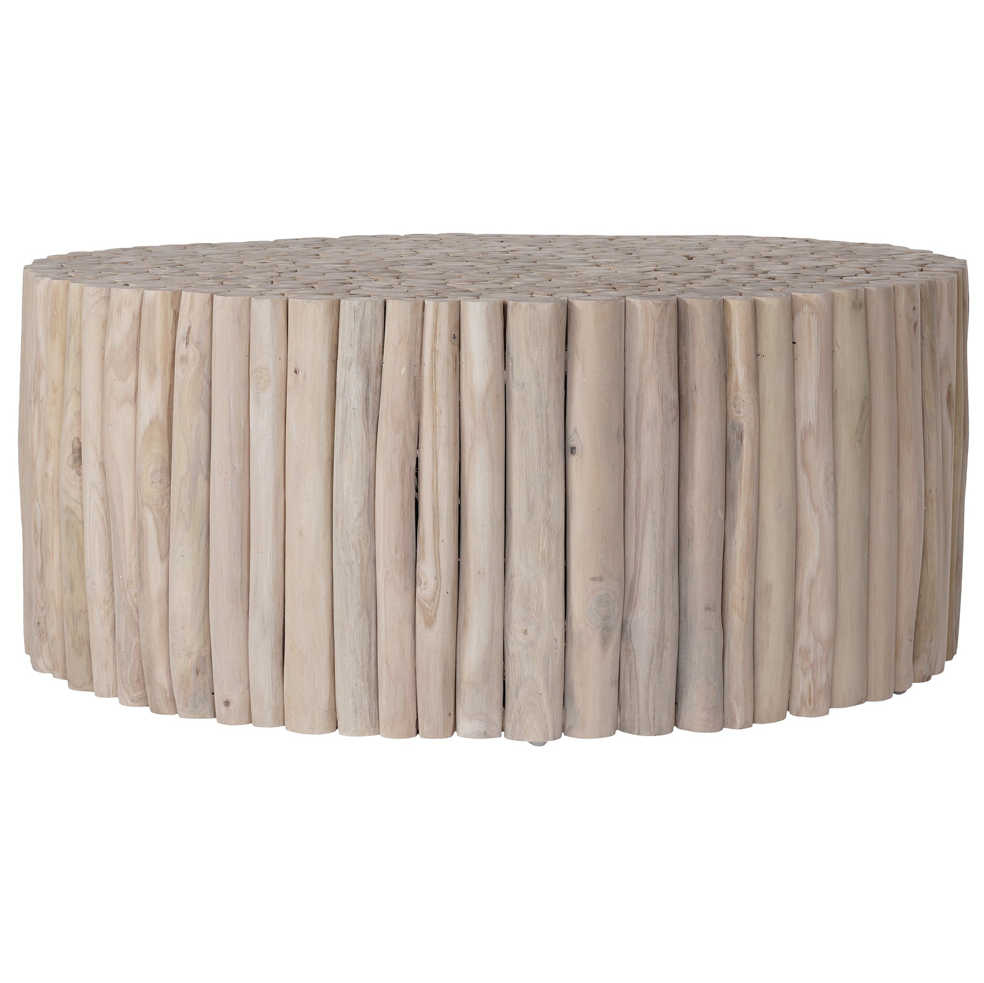 A round coffee table crafted from natural teak branches, arranged in a drum-style design. The organic texture and neutral tones make it a statement piece for coastal and contemporary interiors.