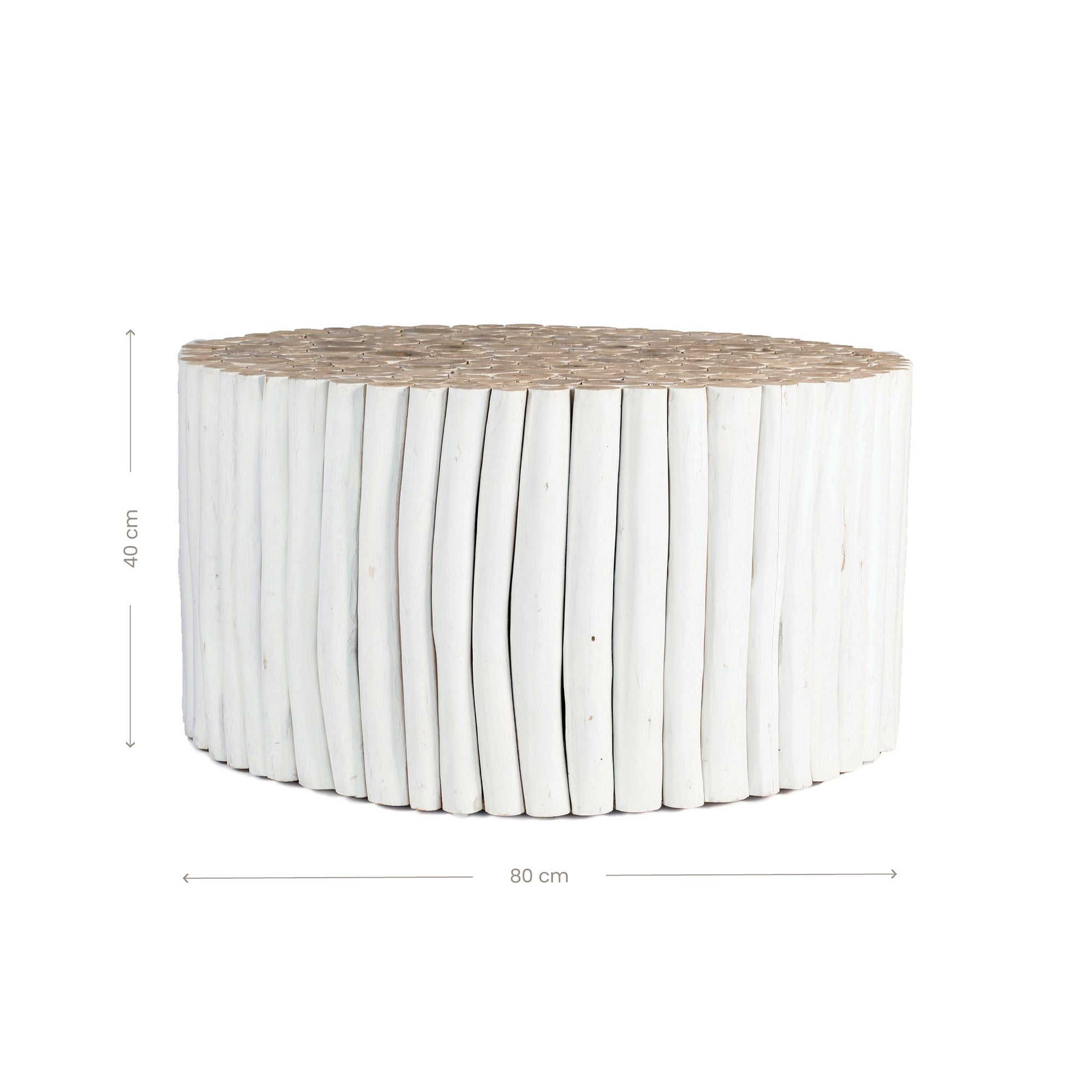 A round coffee table crafted from natural teak branches, arranged in a drum-style design. The organic texture and neutral tones make it a statement piece for coastal and contemporary interiors