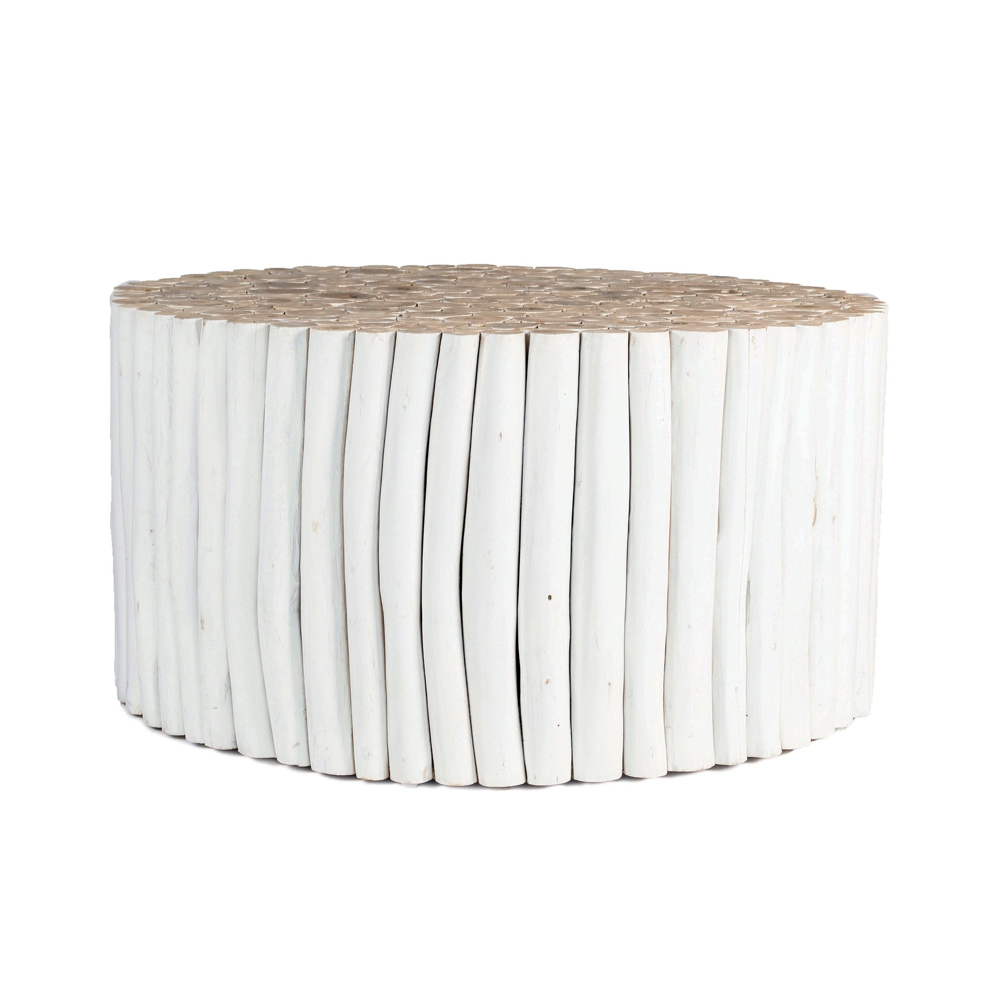 A round coffee table crafted from natural teak branches, arranged in a drum-style design. The organic texture and neutral tones make it a statement piece for coastal and contemporary interiors