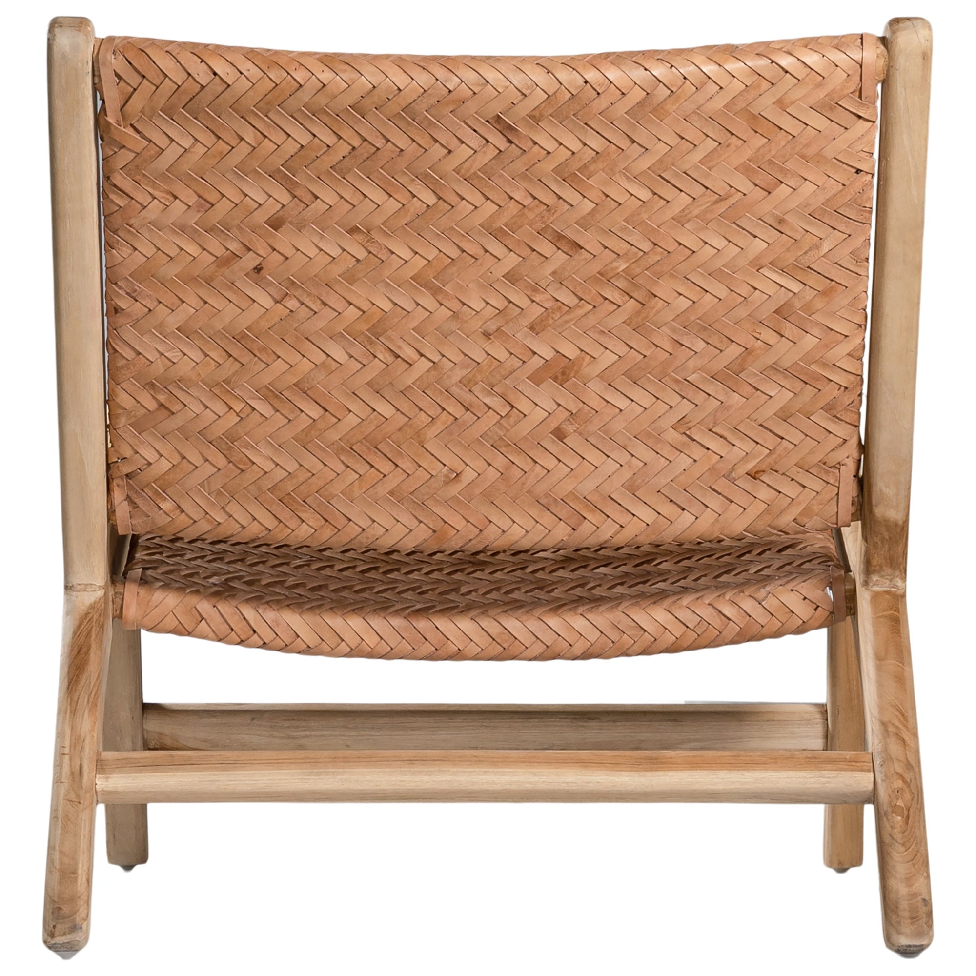 A beautifully handcrafted lounge chair featuring a solid teak wood frame and a woven tan leather seat and backrest. Designed for comfort and style, this contemporary accent chair is perfect for relaxed indoor settings