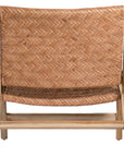 A beautifully handcrafted lounge chair featuring a solid teak wood frame and a woven tan leather seat and backrest. Designed for comfort and style, this contemporary accent chair is perfect for relaxed indoor settings