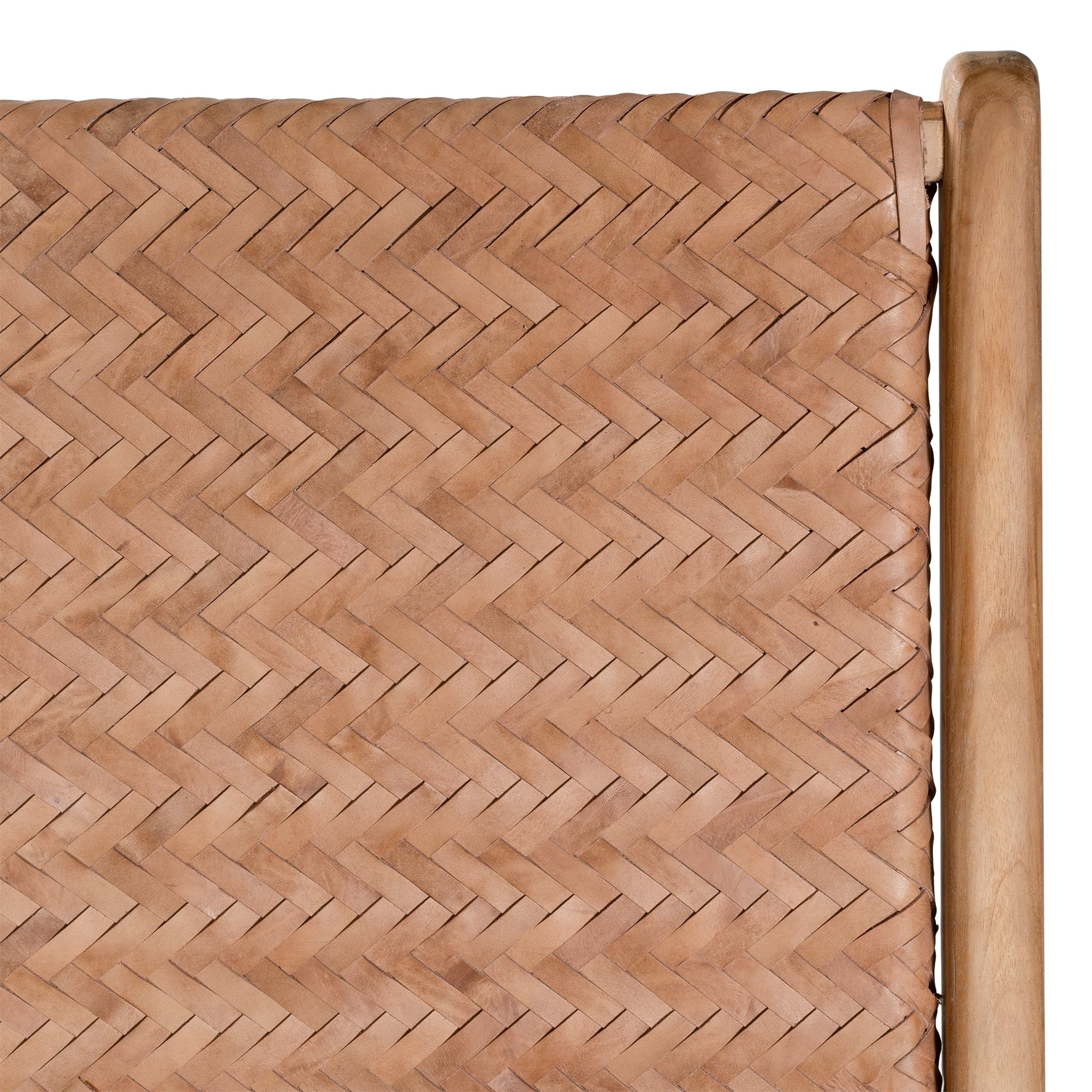 A beautifully handcrafted lounge chair featuring a solid teak wood frame and a woven tan leather seat and backrest. Designed for comfort and style, this contemporary accent chair is perfect for relaxed indoor settings