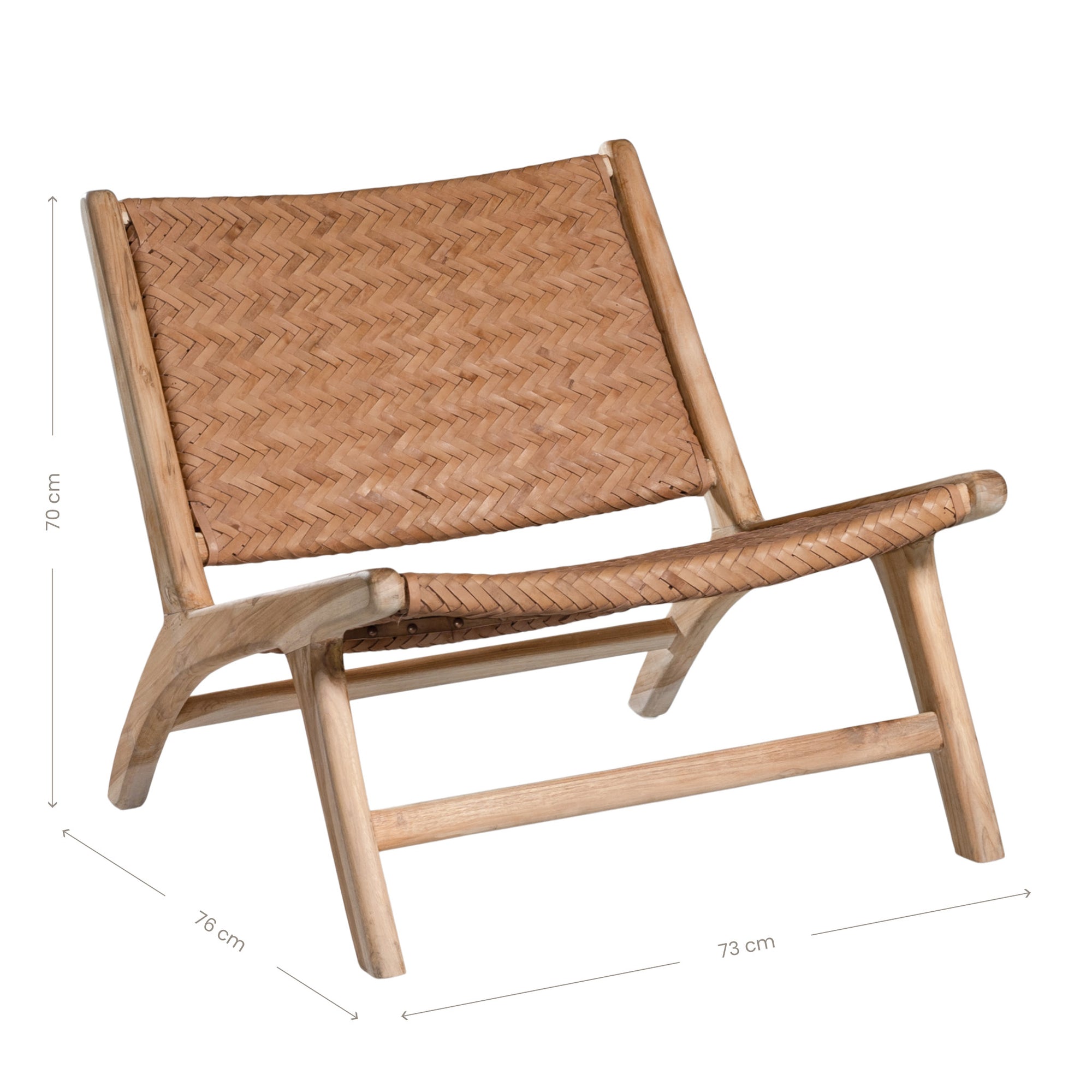 A beautifully handcrafted lounge chair featuring a solid teak wood frame and a woven tan leather seat and backrest. Designed for comfort and style, this contemporary accent chair is perfect for relaxed indoor settings