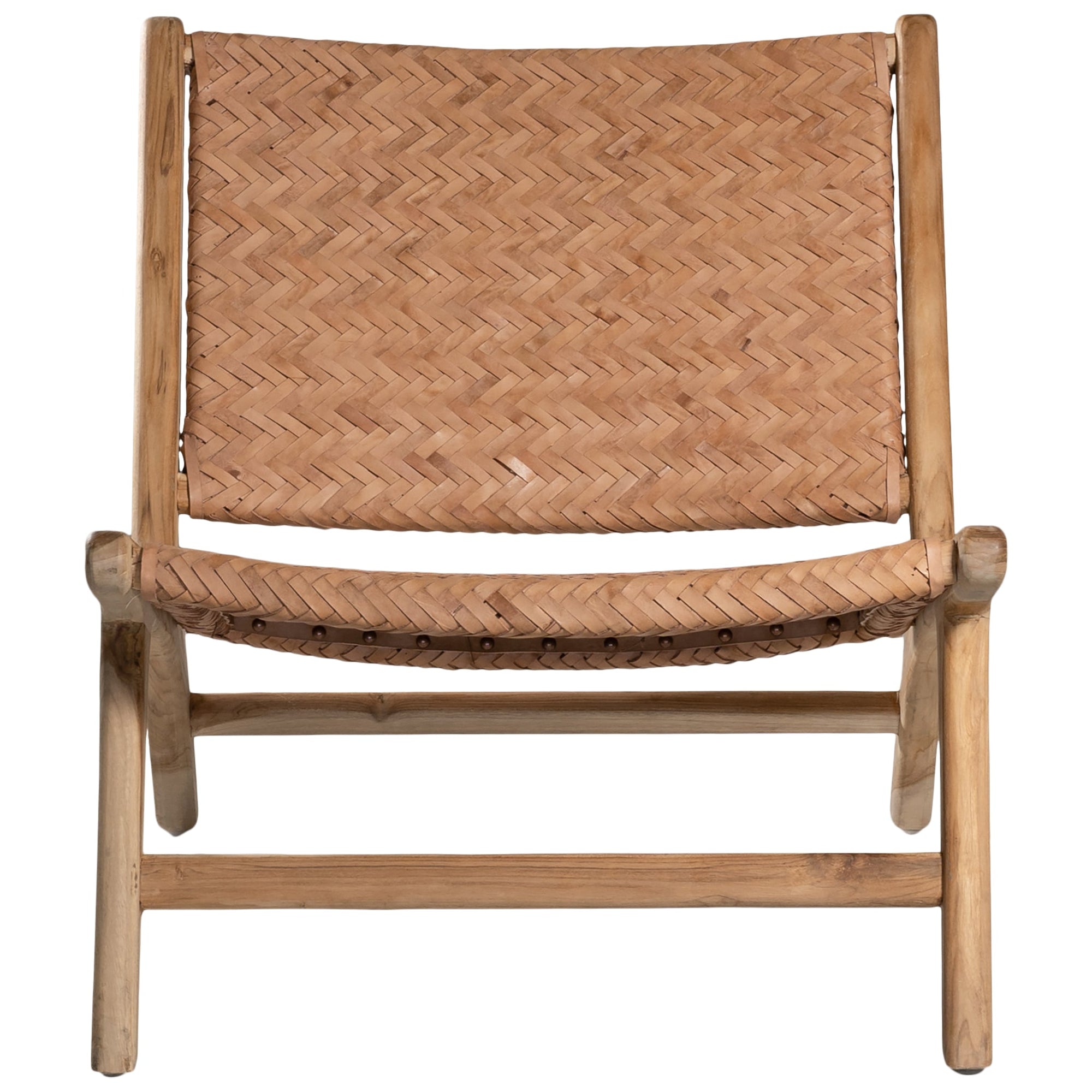 A beautifully handcrafted lounge chair featuring a solid teak wood frame and a woven tan leather seat and backrest. Designed for comfort and style, this contemporary accent chair is perfect for relaxed indoor settings