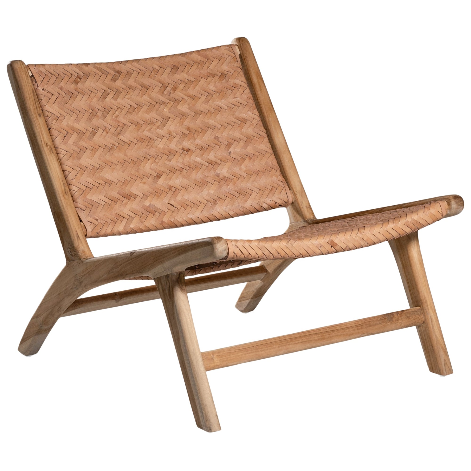 A beautifully handcrafted lounge chair featuring a solid teak wood frame and a woven tan leather seat and backrest. Designed for comfort and style, this contemporary accent chair is perfect for relaxed indoor settings