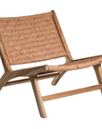 A beautifully handcrafted lounge chair featuring a solid teak wood frame and a woven tan leather seat and backrest. Designed for comfort and style, this contemporary accent chair is perfect for relaxed indoor settings
