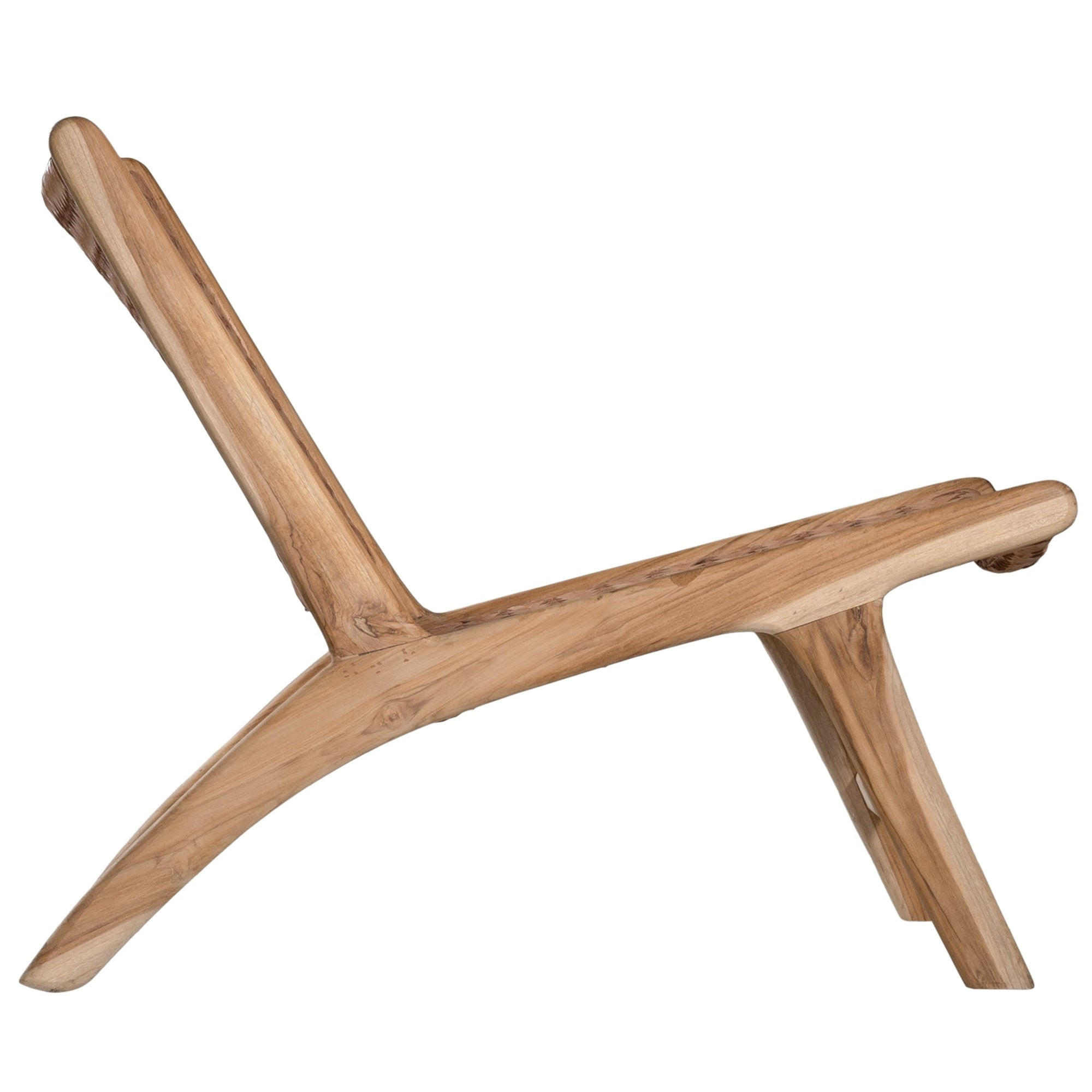A beautifully handcrafted lounge chair featuring a solid teak wood frame and a woven tan leather seat and backrest. Designed for comfort and style, this contemporary accent chair is perfect for relaxed indoor settings