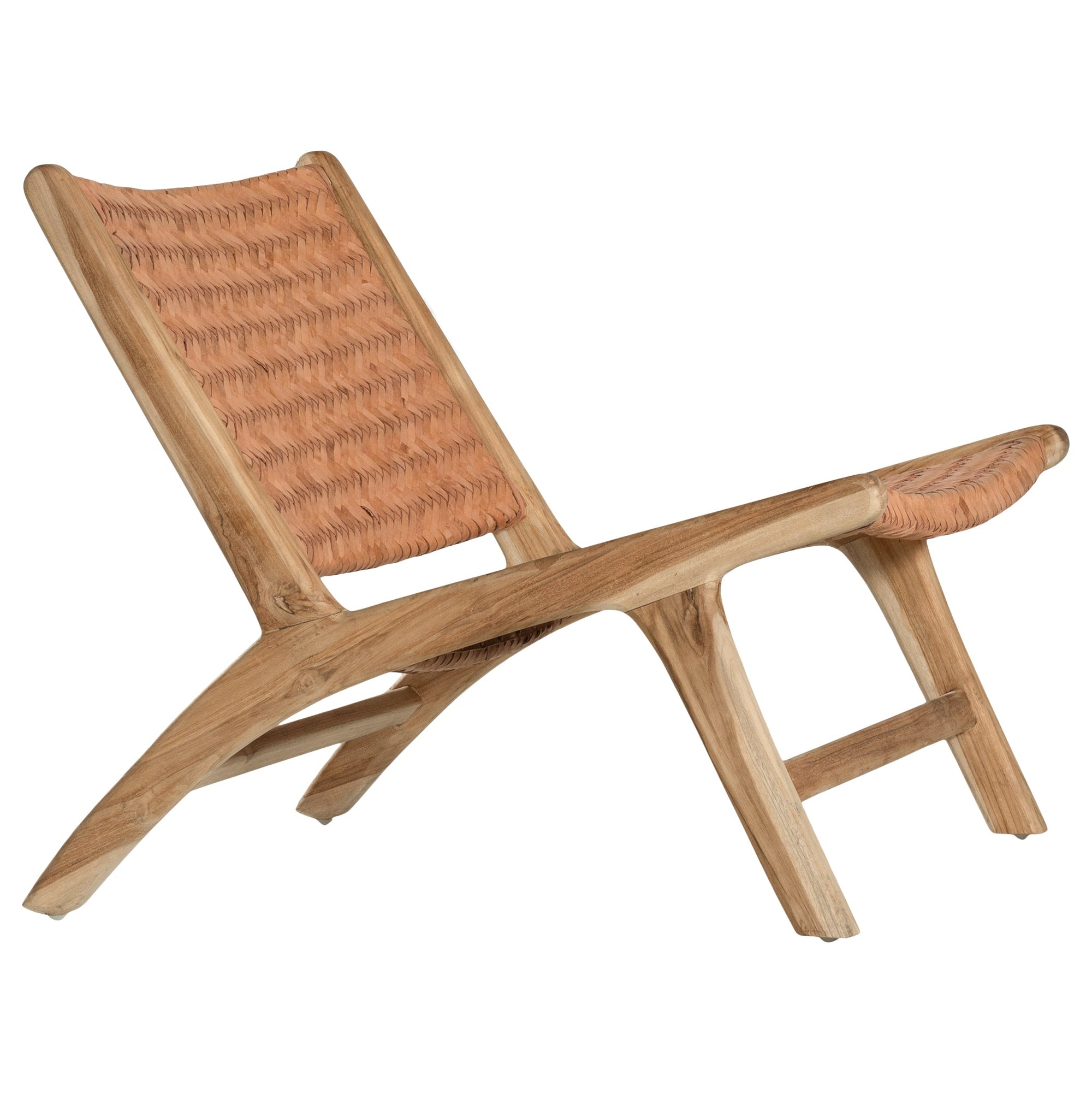 A beautifully handcrafted lounge chair featuring a solid teak wood frame and a woven tan leather seat and backrest. Designed for comfort and style, this contemporary accent chair is perfect for relaxed indoor settings