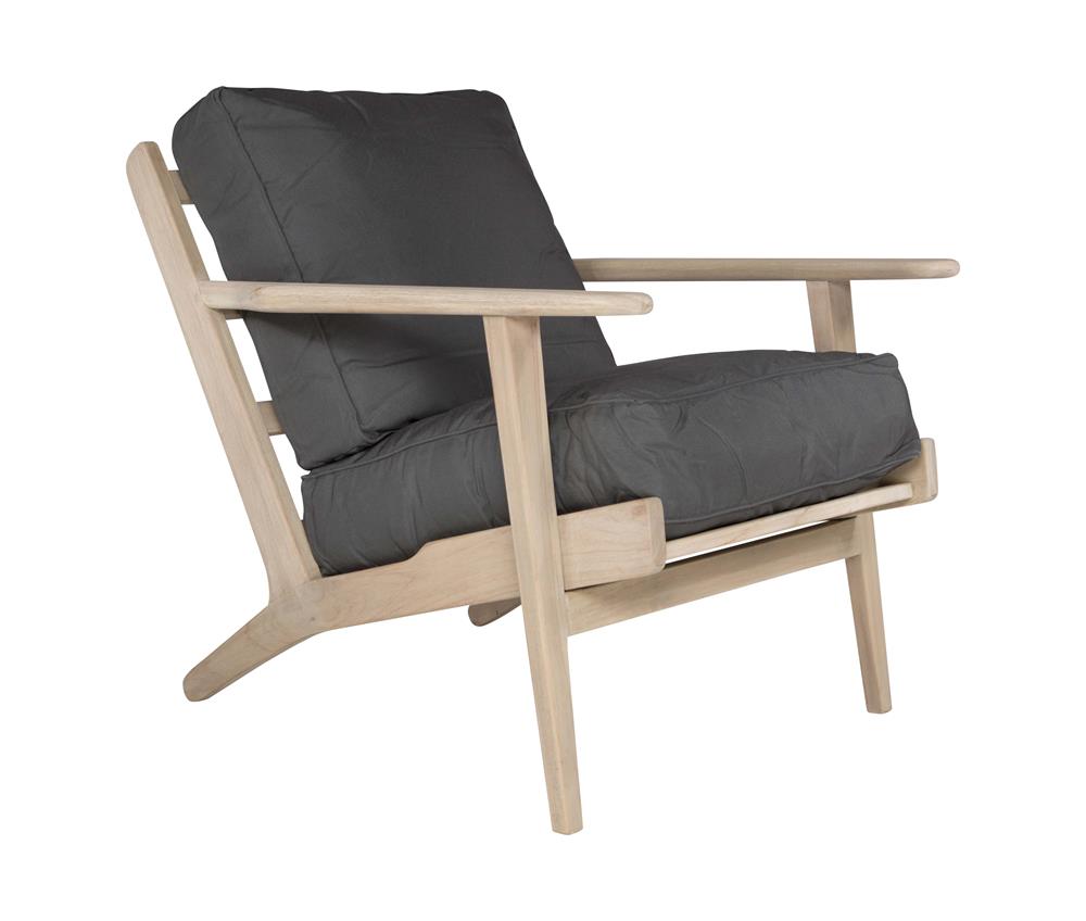Kulala Living teak lounge armchair with plush charcoal cushions, featuring a modern, relaxed silhouette. Designed for comfort and timeless style in contemporary and coastal interiors