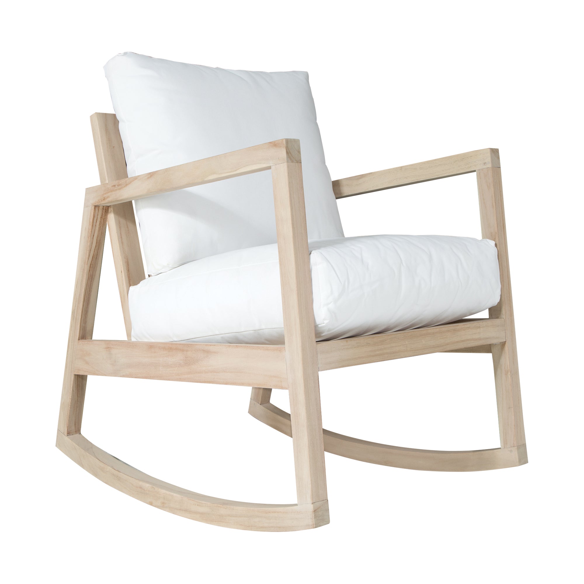 Natural teak rocking chair with white cushion, showcasing minimalist design and relaxed comfort. Ideal for indoor and outdoor settings.