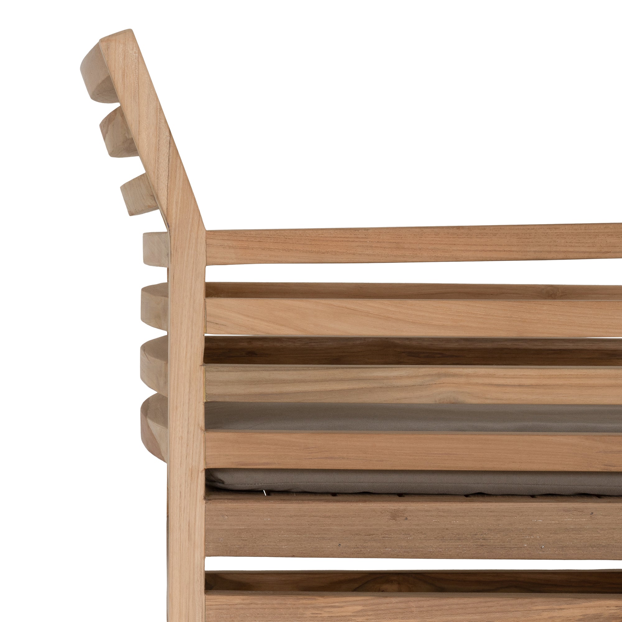 A contemporary teak outdoor dining chair featuring a striking slatted design and a taupe seat cushion for added comfort. Perfect for stylish alfresco dining