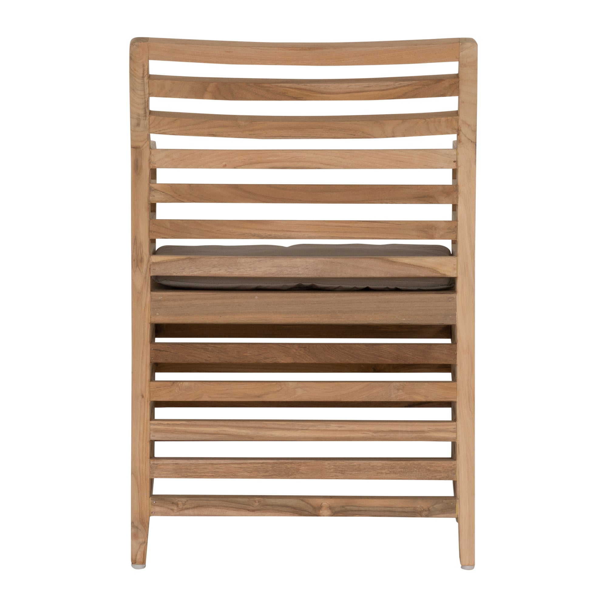 A contemporary teak outdoor dining chair featuring a striking slatted design and a taupe seat cushion for added comfort. Perfect for stylish alfresco dining