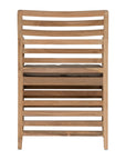 A contemporary teak outdoor dining chair featuring a striking slatted design and a taupe seat cushion for added comfort. Perfect for stylish alfresco dining