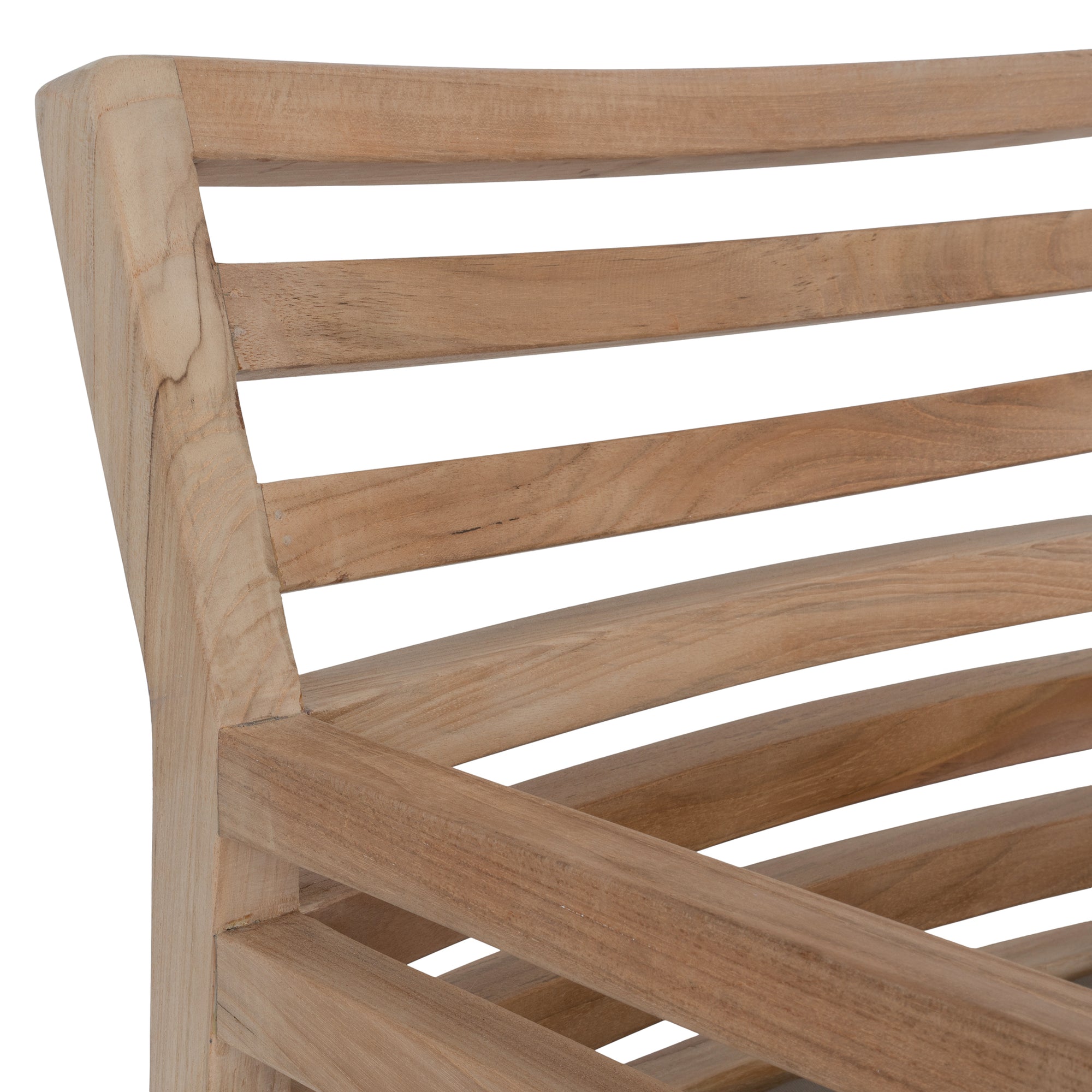 A contemporary teak outdoor dining chair featuring a striking slatted design and a taupe seat cushion for added comfort. Perfect for stylish alfresco dining
