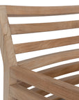 A contemporary teak outdoor dining chair featuring a striking slatted design and a taupe seat cushion for added comfort. Perfect for stylish alfresco dining