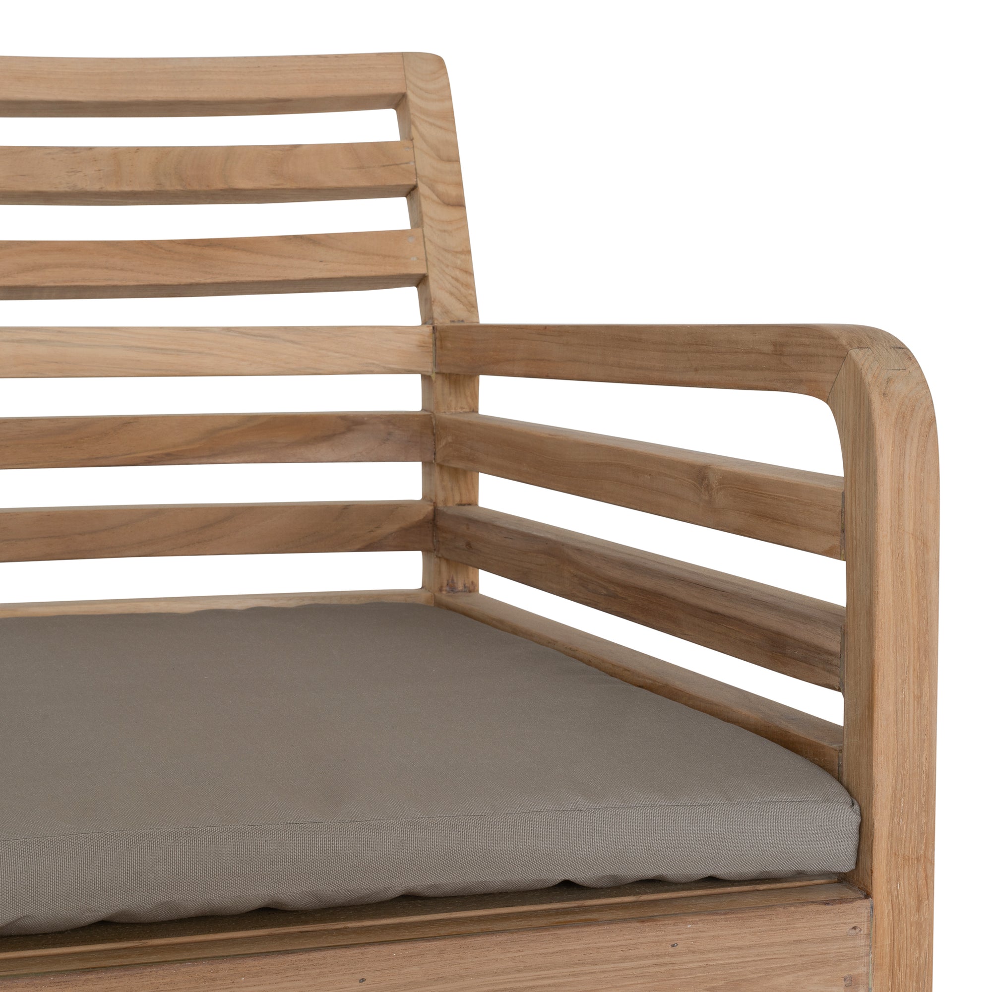 A contemporary teak outdoor dining chair featuring a striking slatted design and a taupe seat cushion for added comfort. Perfect for stylish alfresco dining