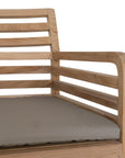 A contemporary teak outdoor dining chair featuring a striking slatted design and a taupe seat cushion for added comfort. Perfect for stylish alfresco dining