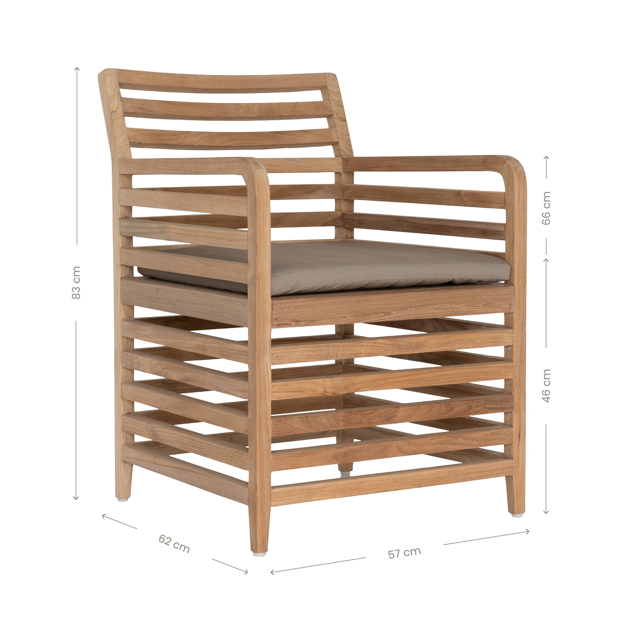 A contemporary teak outdoor dining chair featuring a striking slatted design and a taupe seat cushion for added comfort. Perfect for stylish alfresco dining