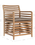 A contemporary teak outdoor dining chair featuring a striking slatted design and a taupe seat cushion for added comfort. Perfect for stylish alfresco dining