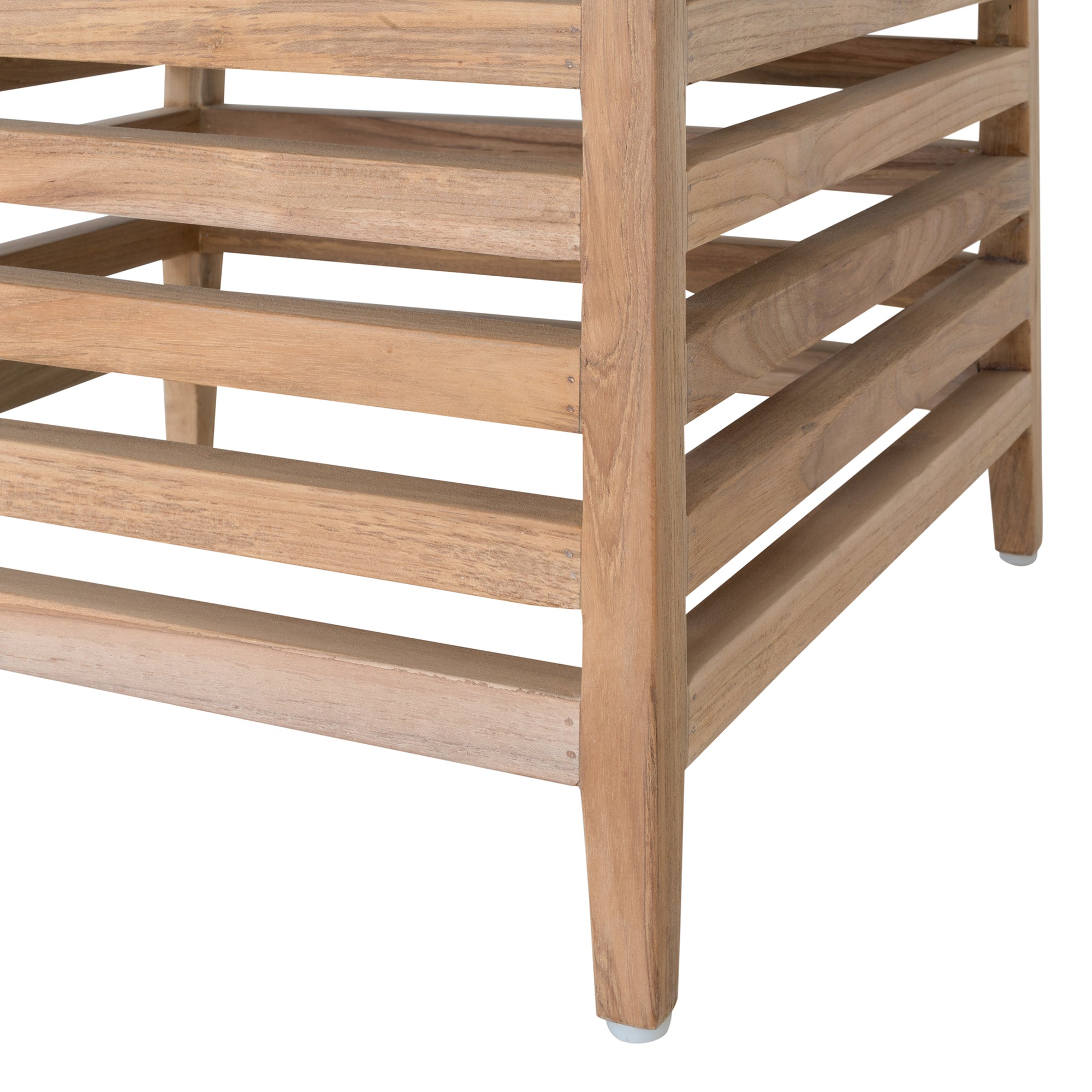 A contemporary teak outdoor dining chair featuring a striking slatted design and a taupe seat cushion for added comfort. Perfect for stylish alfresco dining