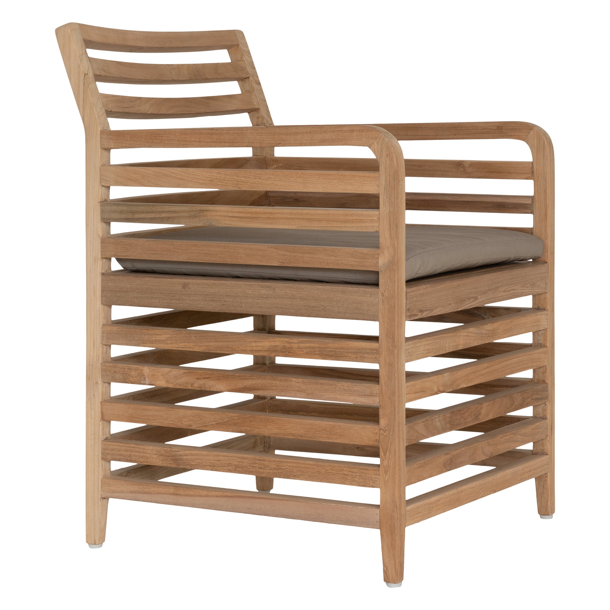A contemporary teak outdoor dining chair featuring a striking slatted design and a taupe seat cushion for added comfort. Perfect for stylish alfresco dining