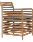 A contemporary teak outdoor dining chair featuring a striking slatted design and a taupe seat cushion for added comfort. Perfect for stylish alfresco dining