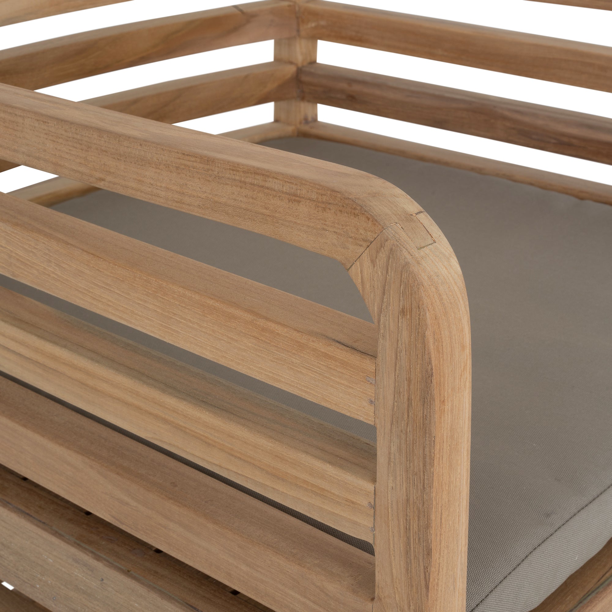 A contemporary teak outdoor dining chair featuring a striking slatted design and a taupe seat cushion for added comfort. Perfect for stylish alfresco dining