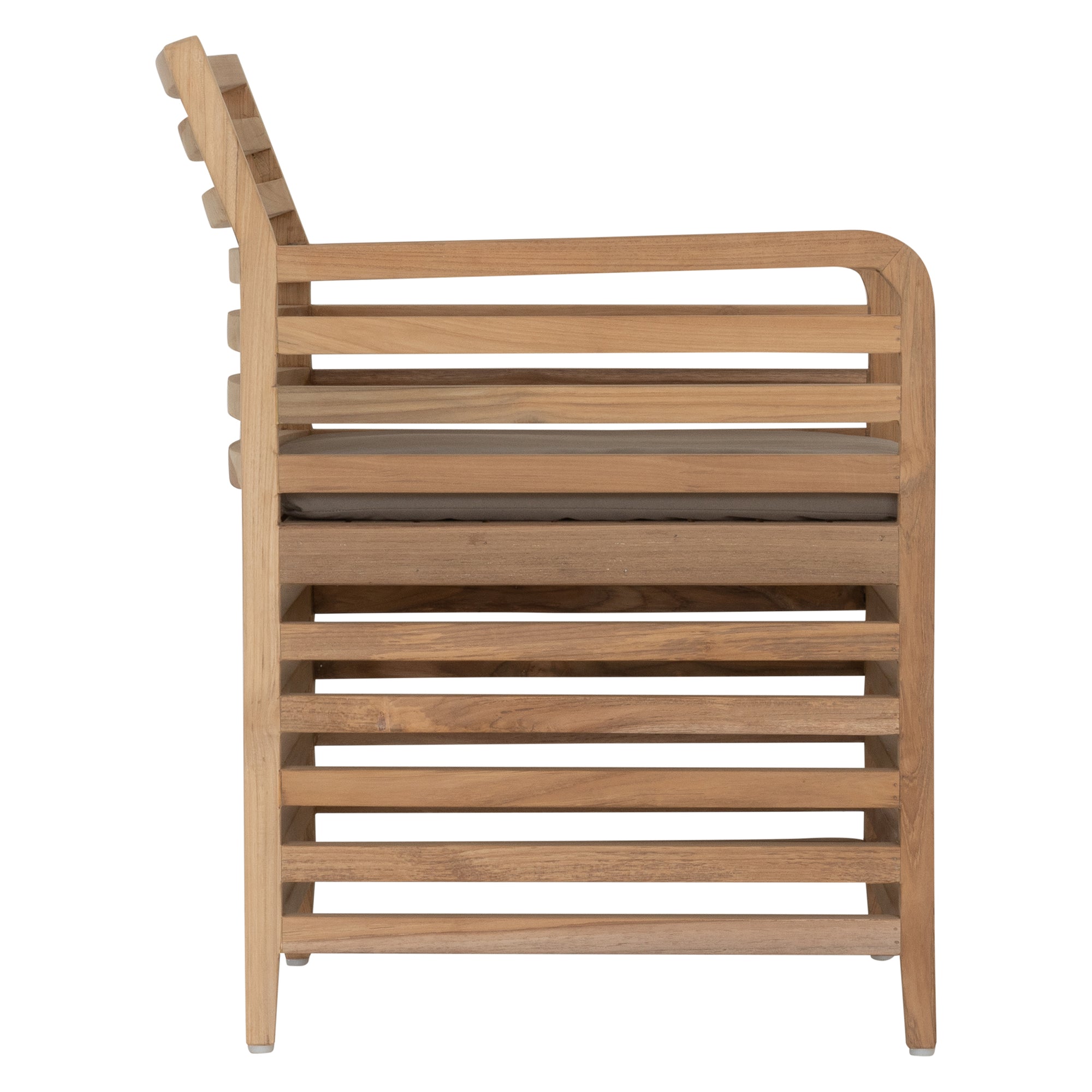 A contemporary teak outdoor dining chair featuring a striking slatted design and a taupe seat cushion for added comfort. Perfect for stylish alfresco dining