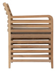 A contemporary teak outdoor dining chair featuring a striking slatted design and a taupe seat cushion for added comfort. Perfect for stylish alfresco dining