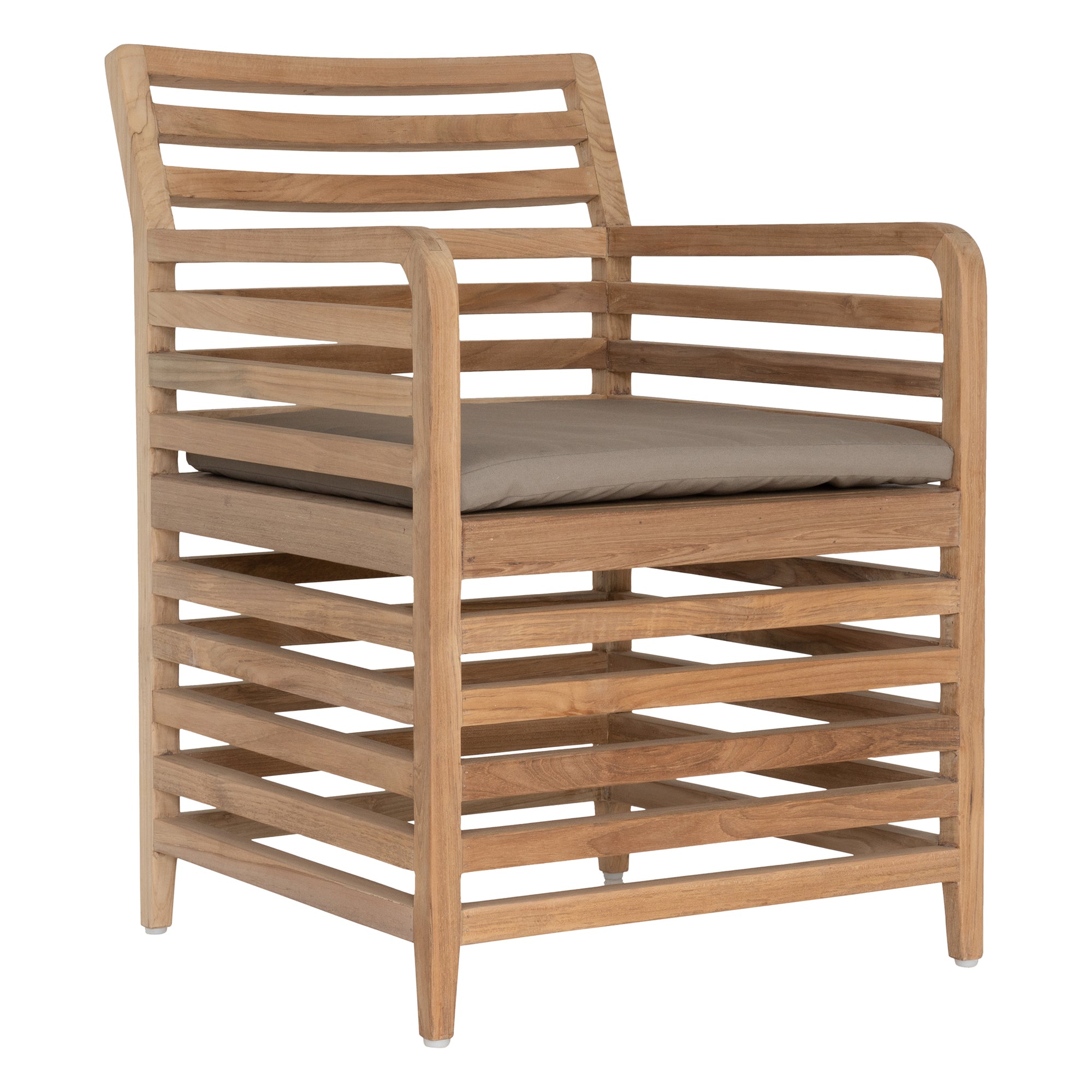 A contemporary teak outdoor dining chair featuring a striking slatted design and a taupe seat cushion for added comfort. Perfect for stylish alfresco dining